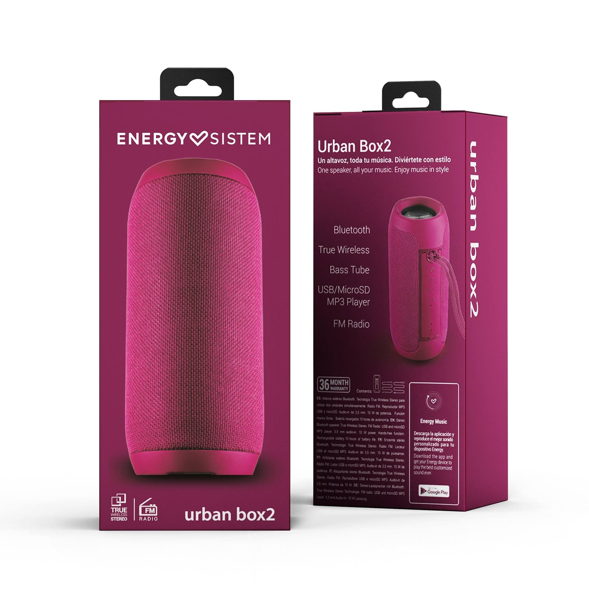 Caja de altavoz portátil rosa. La caja muestra el altavoz y sus funciones, con la marca en el lateral.