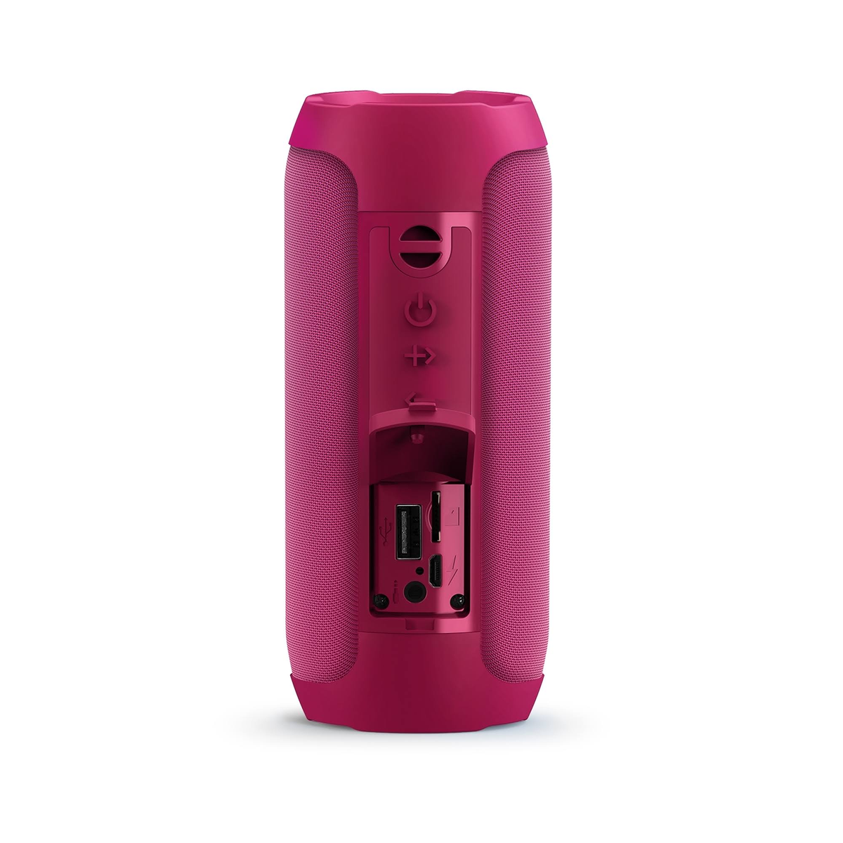 Un altavoz magenta con un puerto abierto que muestra ranuras para USB y tarjetas SD y botones.