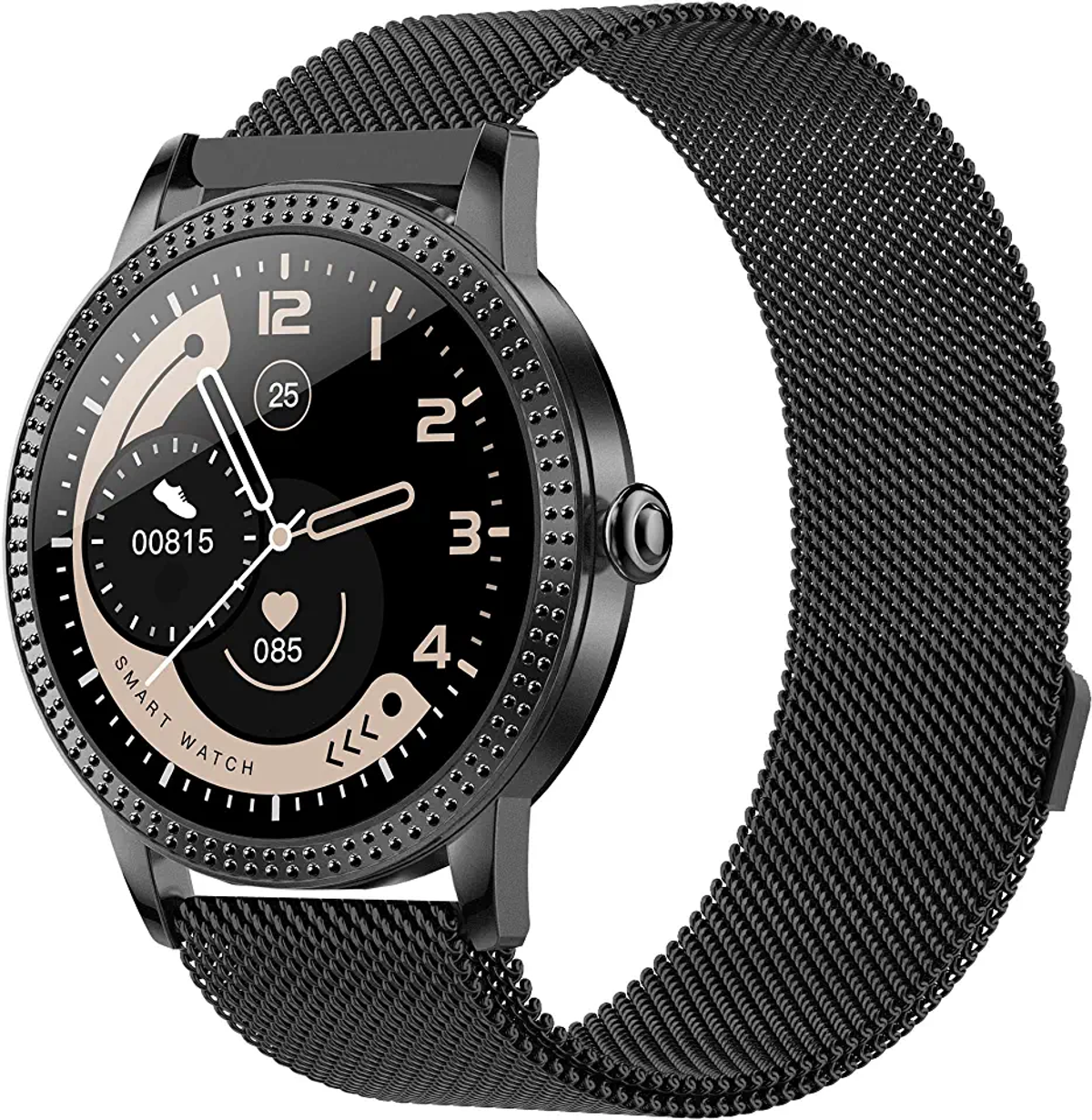 Uno smartwatch nero con cinturino in metallo nero, mostra tempo e statistiche.