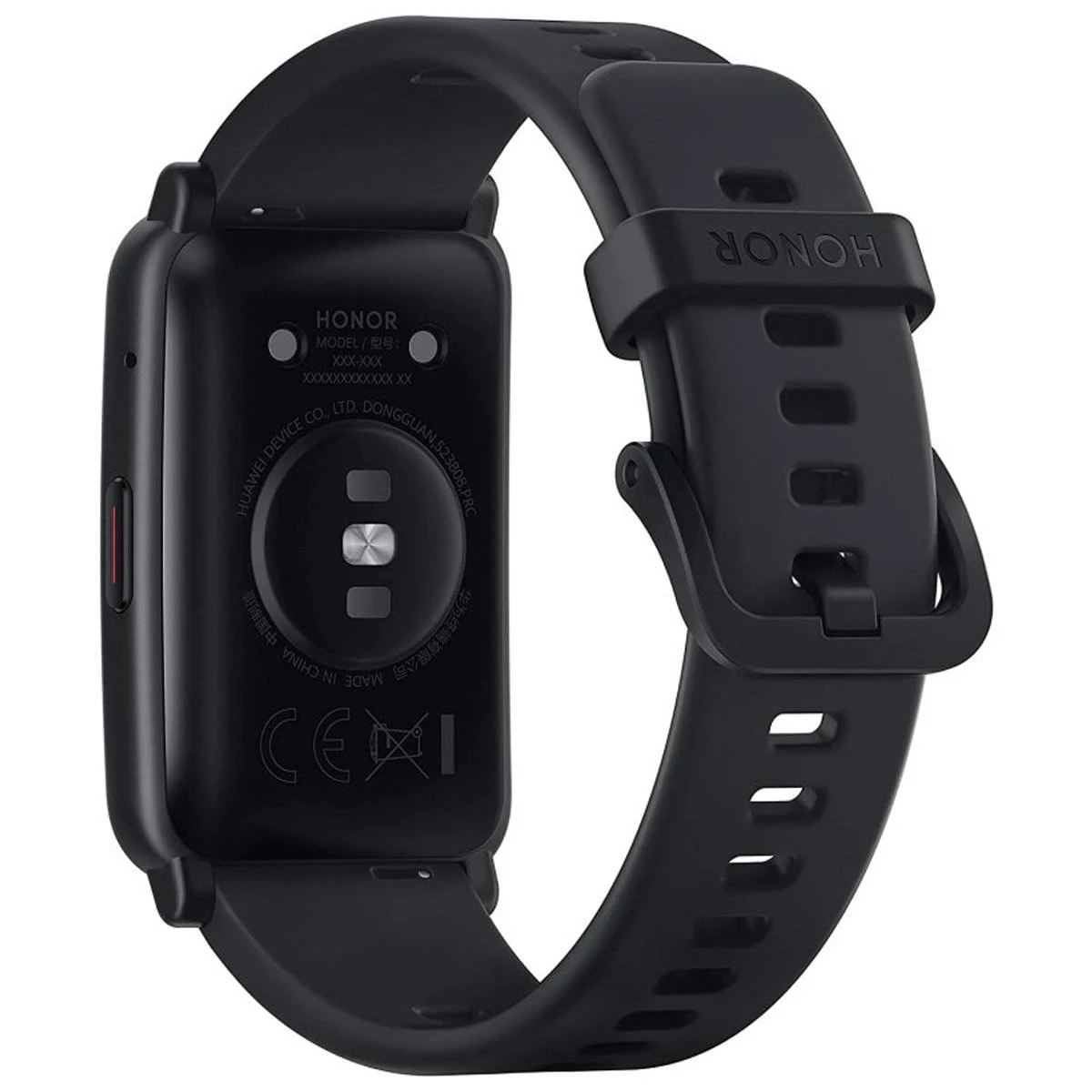 Un smartwatch Honor negro, la parte trasera con el modelo y la marca, y una correa.