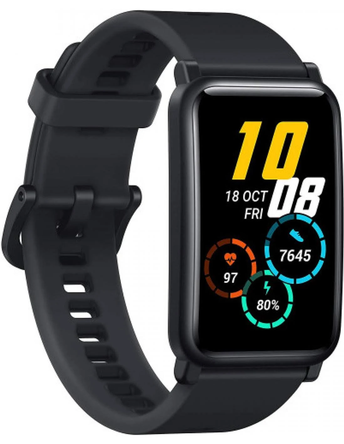 Un reloj inteligente negro con correa negra y pantalla que muestra fecha y estadísticas. Fondo blanco.