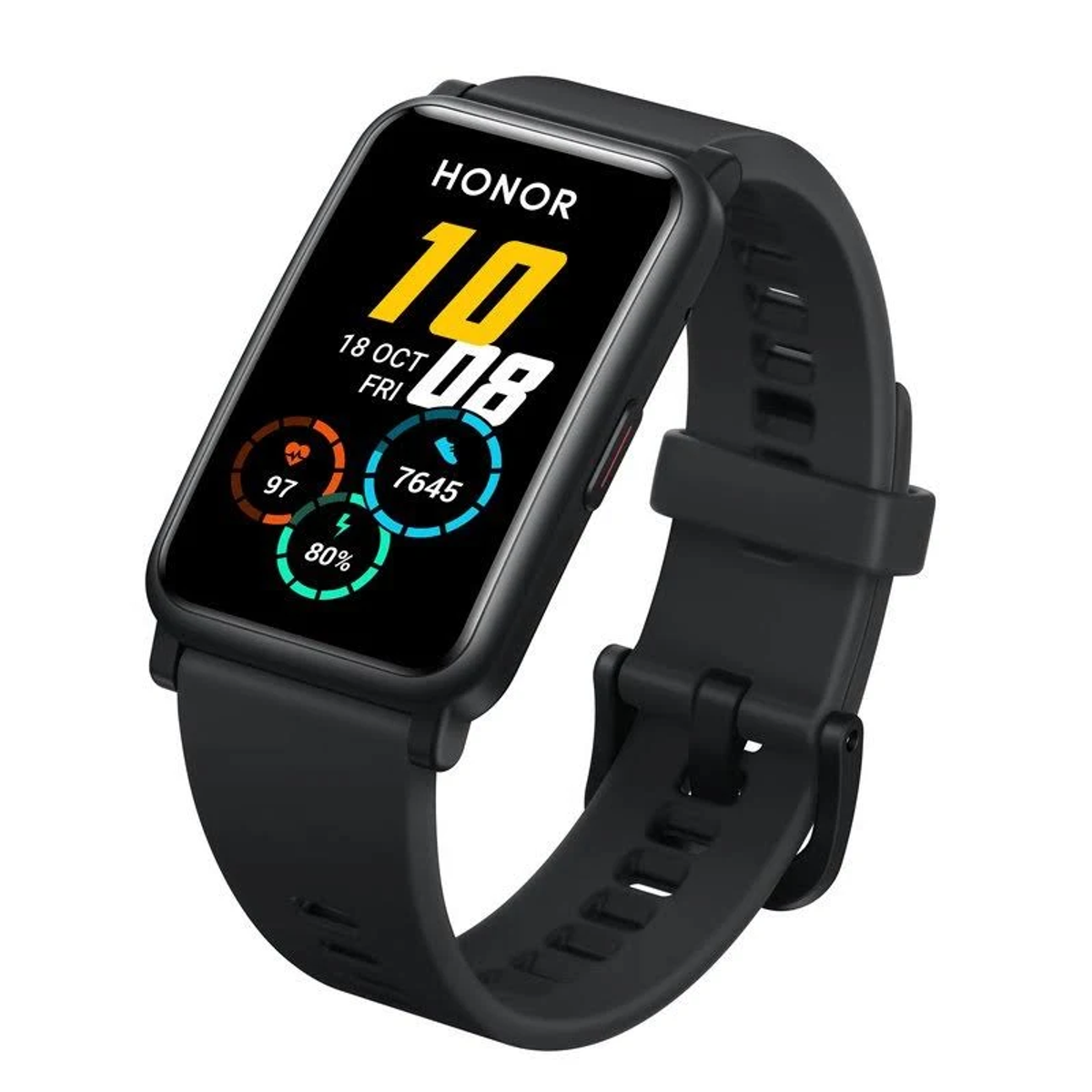 Un reloj inteligente Honor negro que muestra la hora, la fecha, los datos de actividad y el nivel de batería en su pantalla.