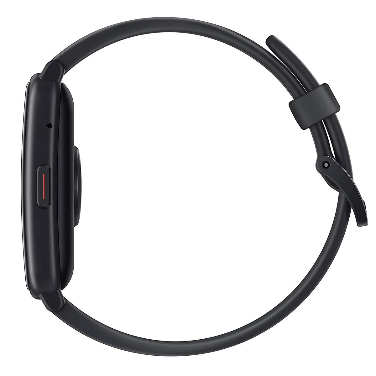 Smartwatch negra con correa, vista lateral mostrando un botón y un detalle rojo.