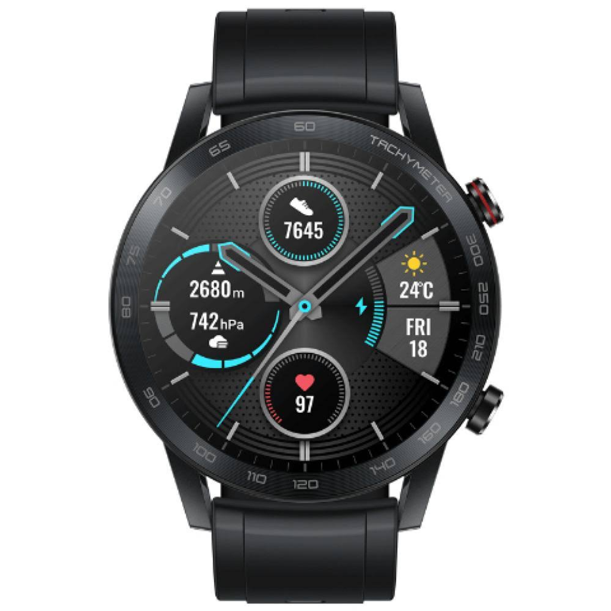 Uno smartwatch nero che mostra dati di fitness e ora, con un cinturino nero.