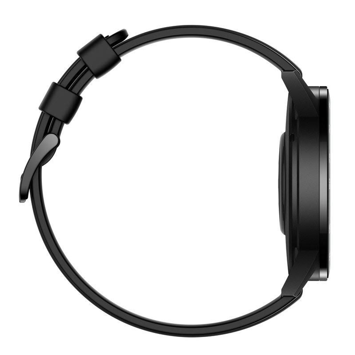 Uno smartwatch nero di lato, che mostra il cinturino e il corpo dell'orologio su sfondo bianco.