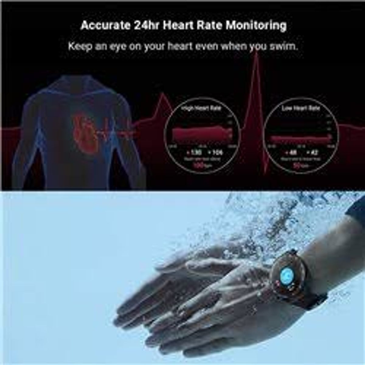 Mani di una persona che indossa uno smartwatch in acqua con grafici di monitoraggio della frequenza cardiaca.