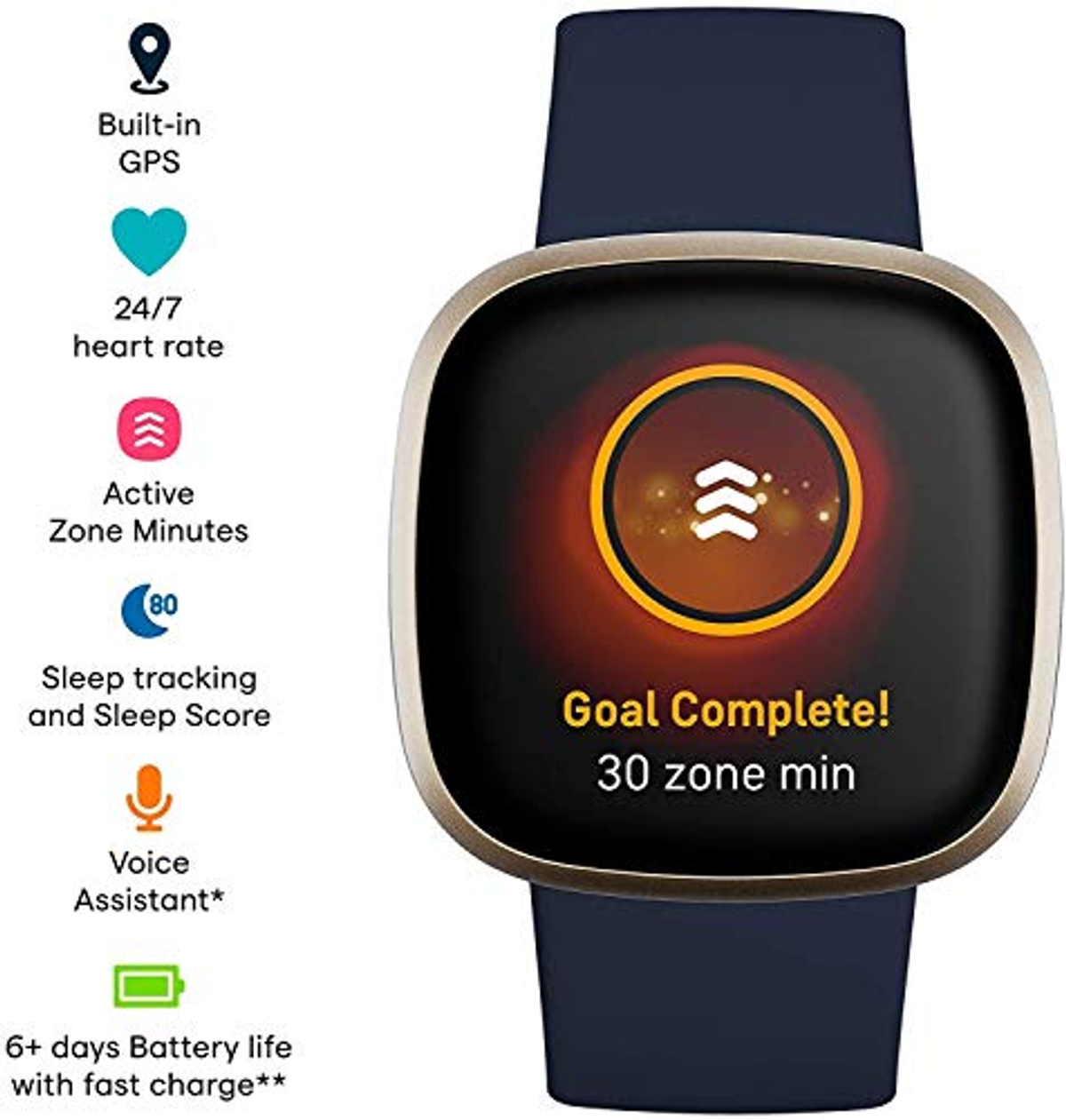Uno smartwatch con un display che mostra 'Obiettivo completato!'. Ha anche icone di attività.