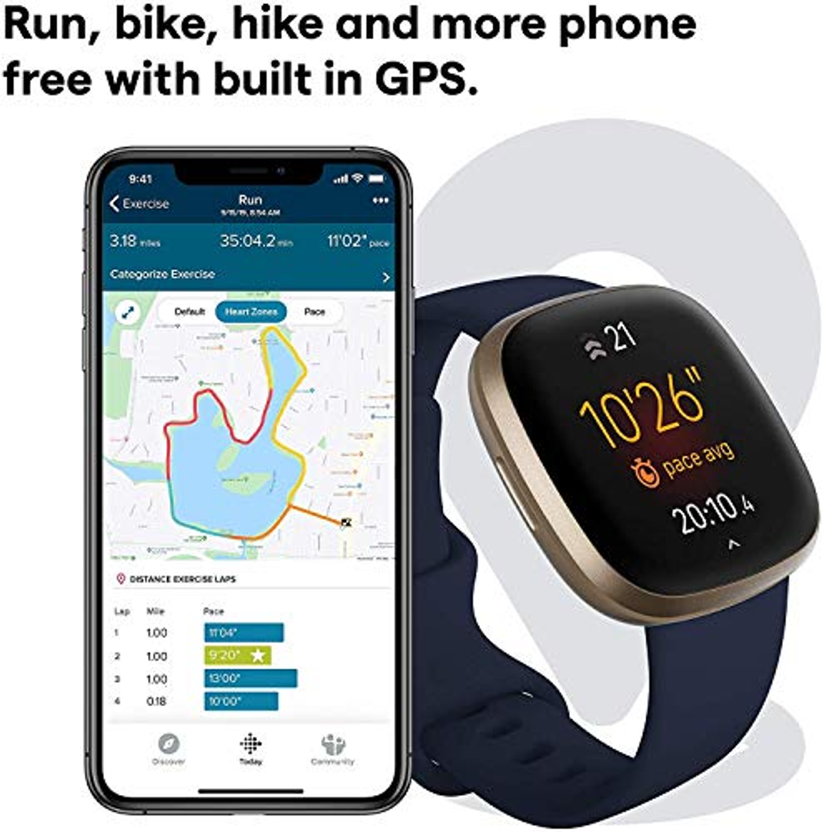 Smartphone che mostra dati di corsa insieme a un orologio Fitbit nero e oro.