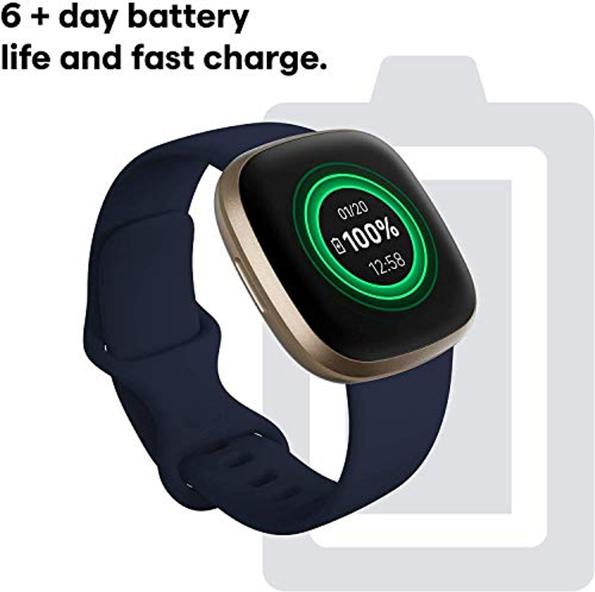 Smartwatch con cinturino blu scuro, cornice dorata, display 100%.