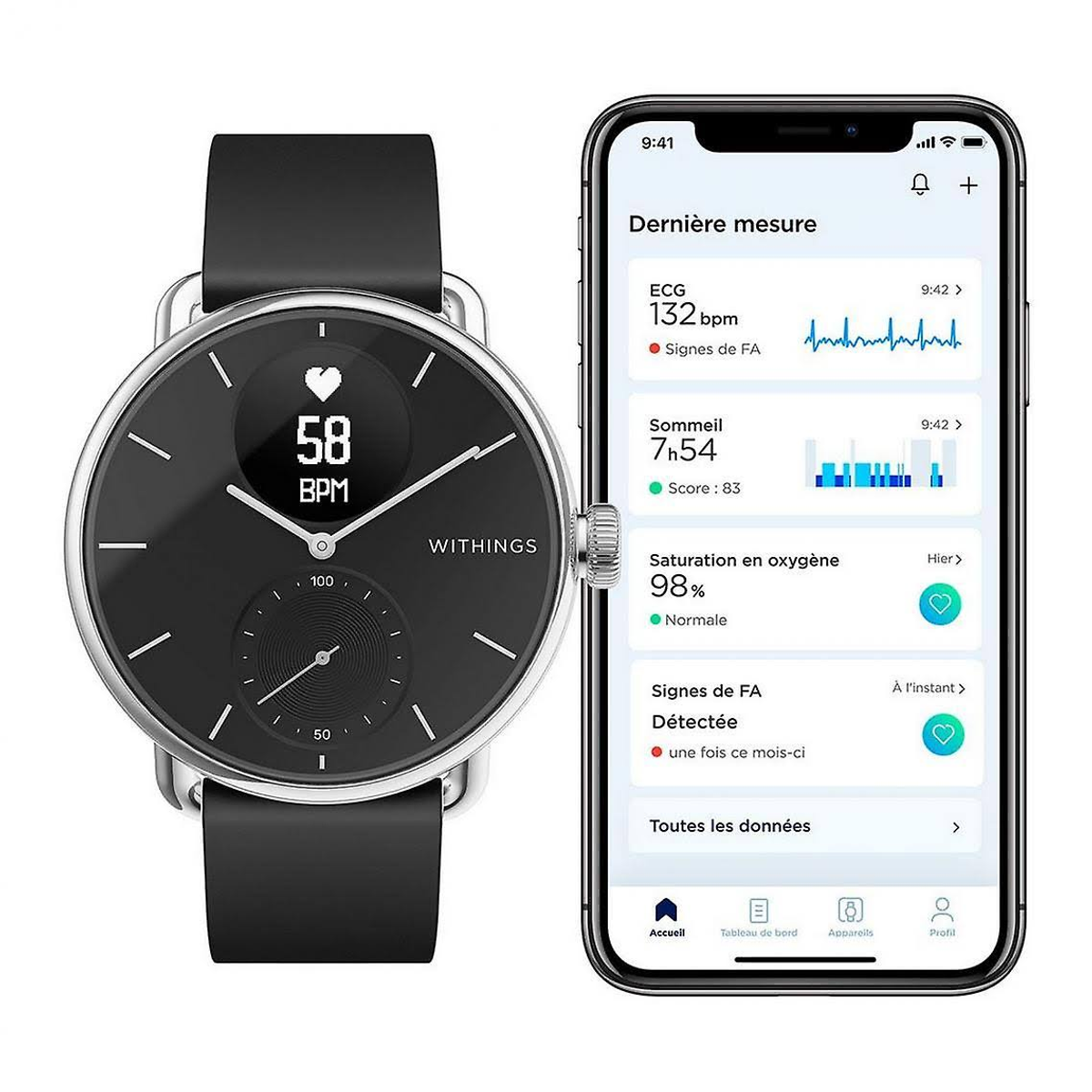 Eine Withings-Uhr mit schwarzem Zifferblatt, Herzfrequenzmesser und Smartphone mit Gesundheitsdaten.