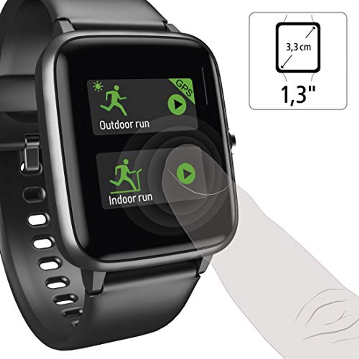 Ein Smartwatch-Bildschirm mit Symbolen für Outdoor- und Indoor-Lauf. Ein Finger berührt den Bildschirm.