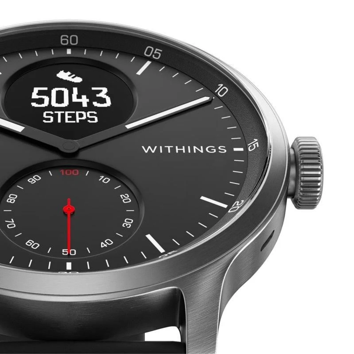 Schwarze Withings Smartwatch auf weißem Hintergrund. Zeigt Schritte, Zeit und andere Metriken an.