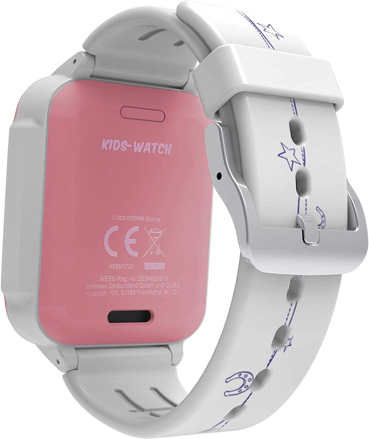 Eine Kinderuhr mit rosa Zifferblatt, weißem Armband und dem Schriftzug 'KIDS-WATCH'.