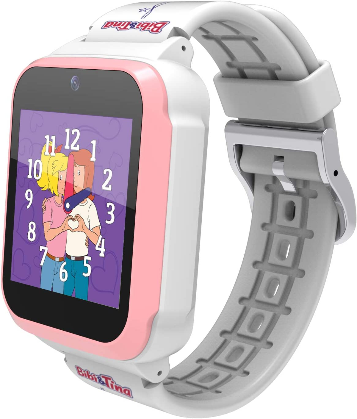Rosa und weiße Smartwatch mit Cartoon-Anzeige von zwei Personen.