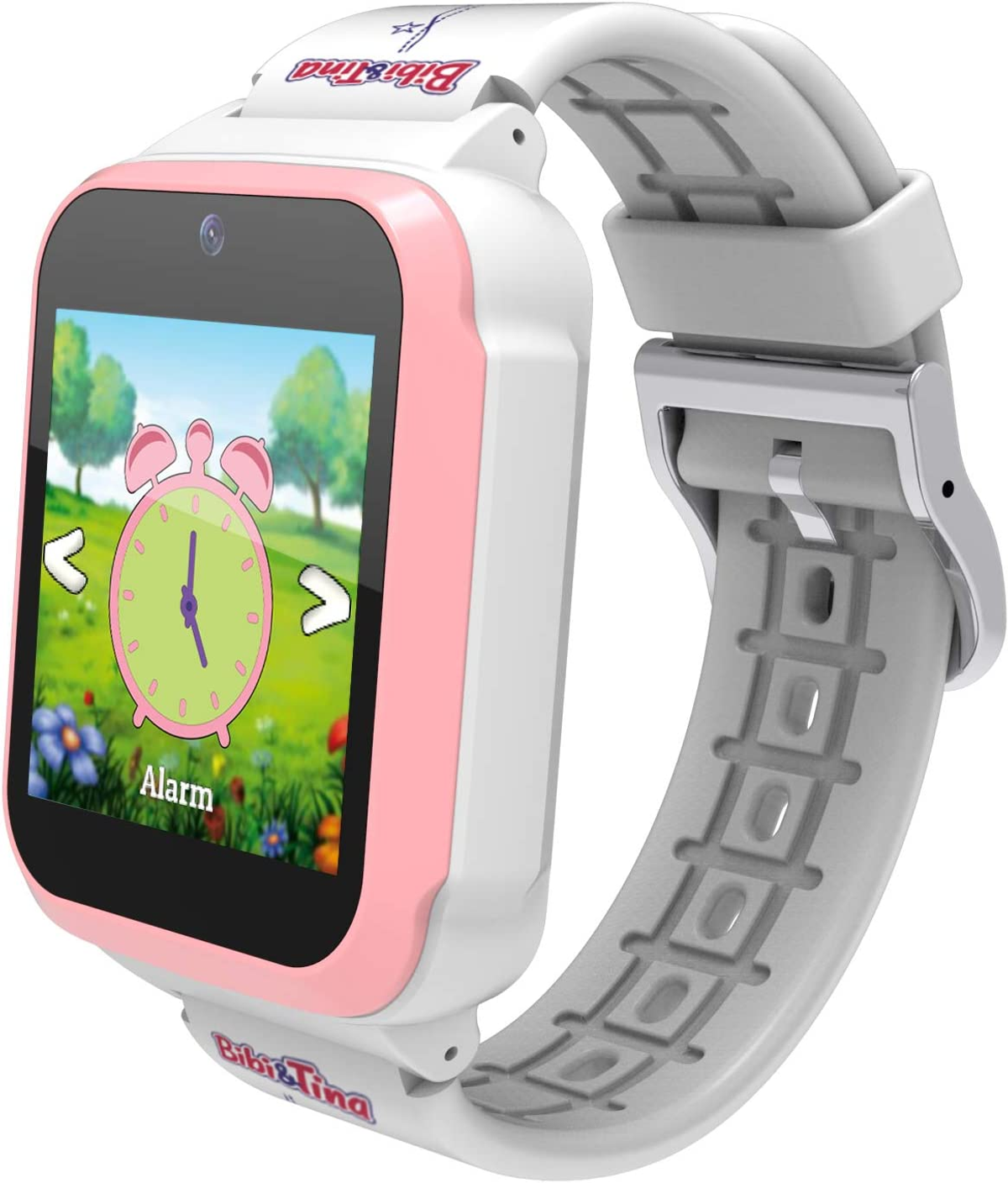 Rosa-weiße Kinder-Smartwatch mit Cartoon-Wecker auf dem Display.