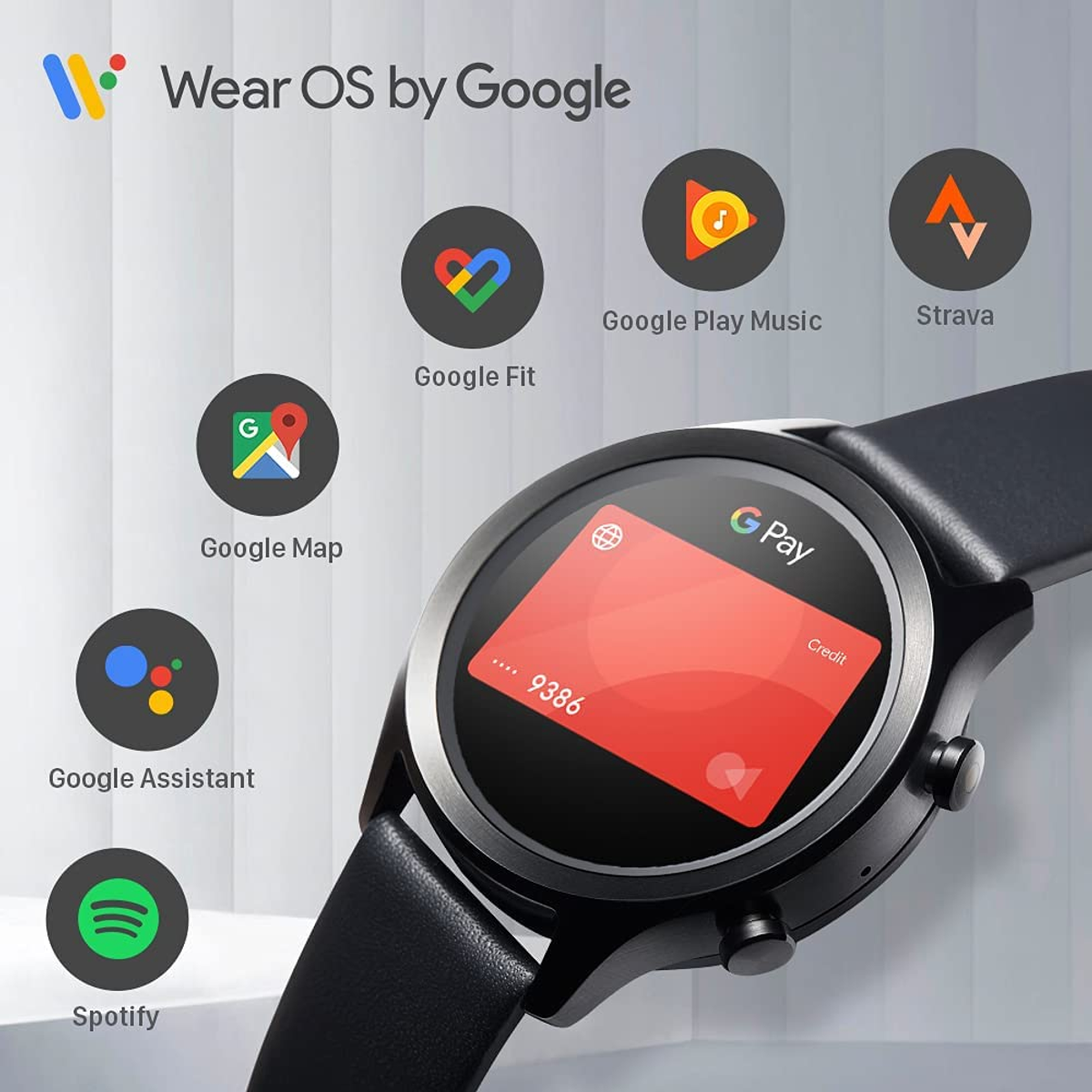 Smartwatch con Wear OS by Google, mostrando Google Fit, Google Play Music, Strava, Google Map, Google Assistant.