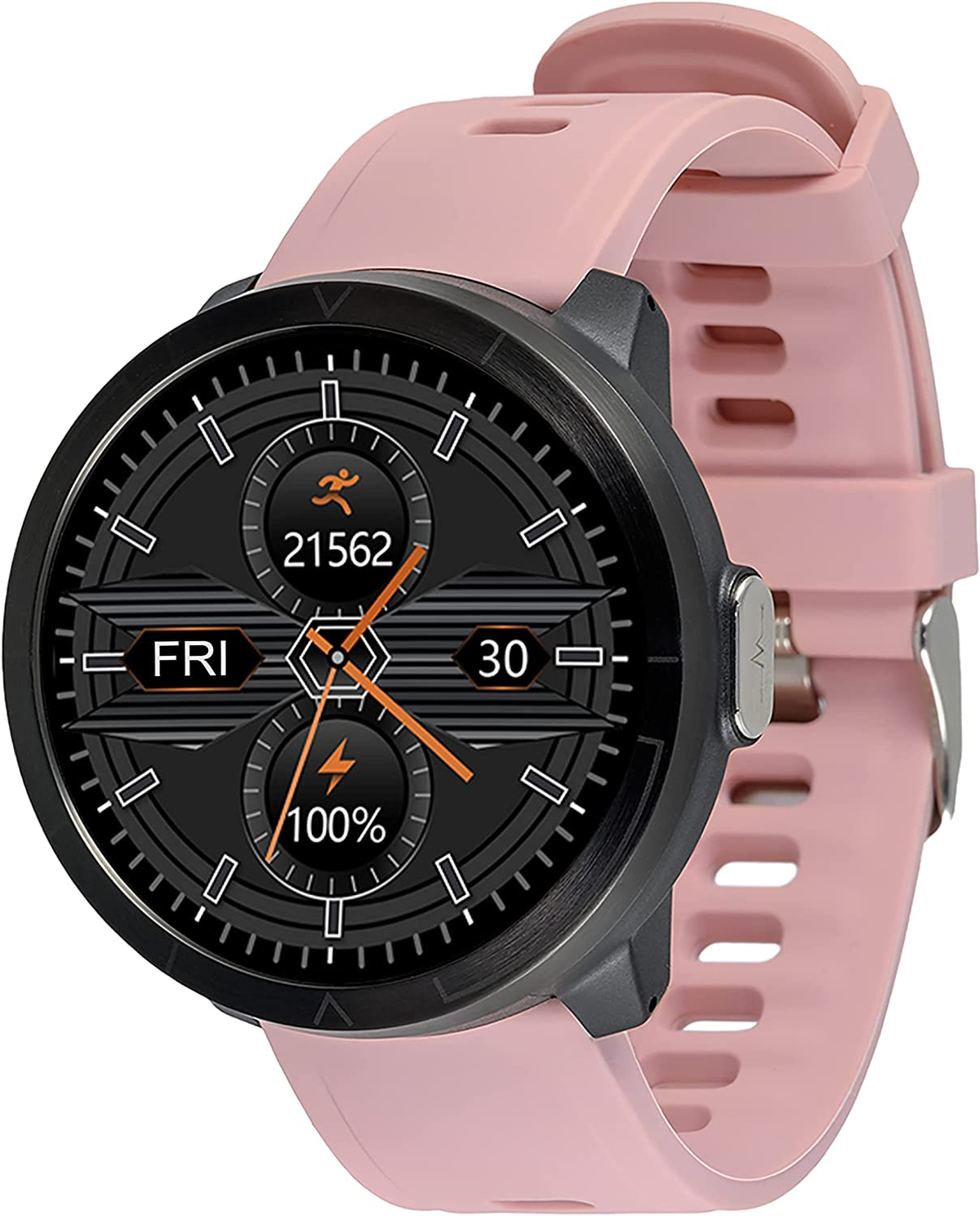 Smartwatch z różowym paskiem i ciemnym wyświetlaczem pokazującym dane zdrowotne, w tym ikonę biegu.