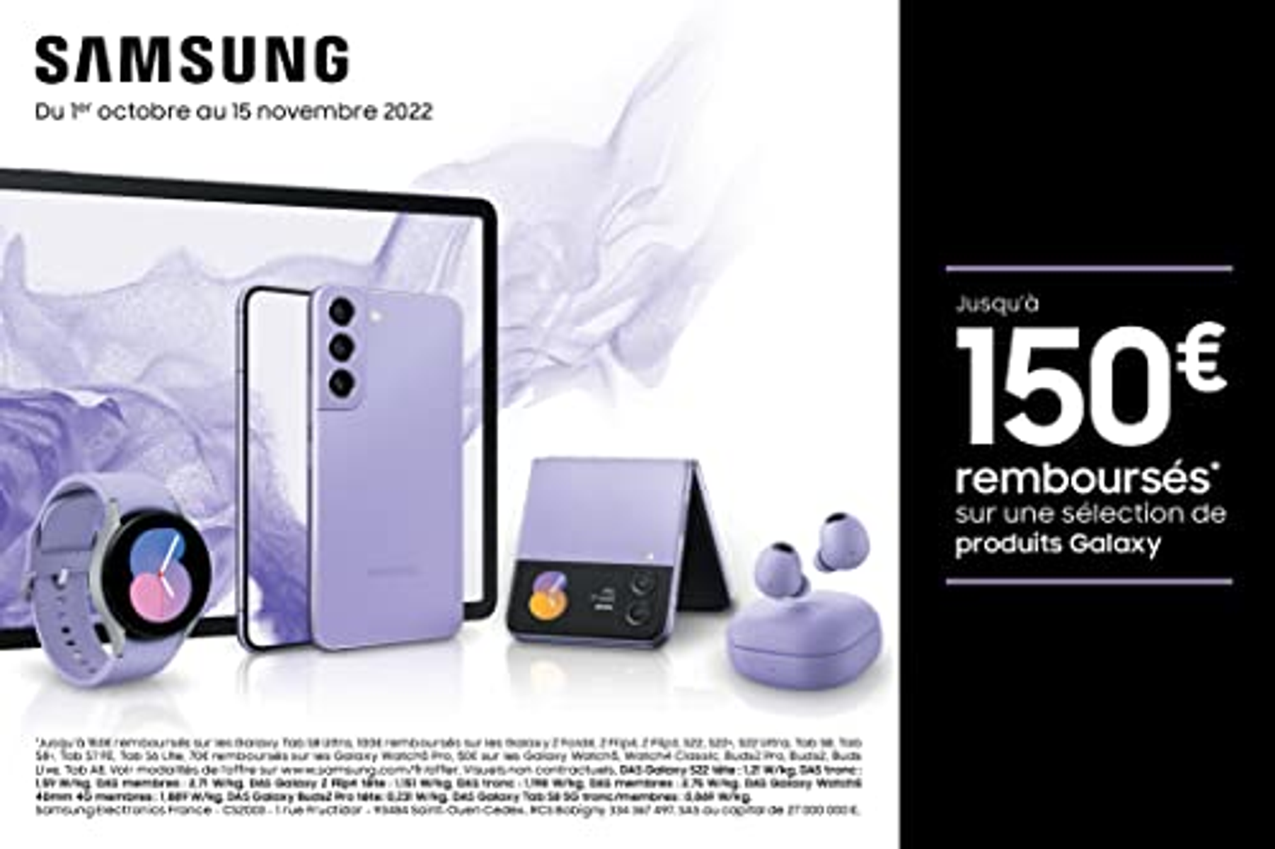 Un'immagine promozionale dei dispositivi Samsung, tra cui un tablet, un telefono, un orologio e auricolari.