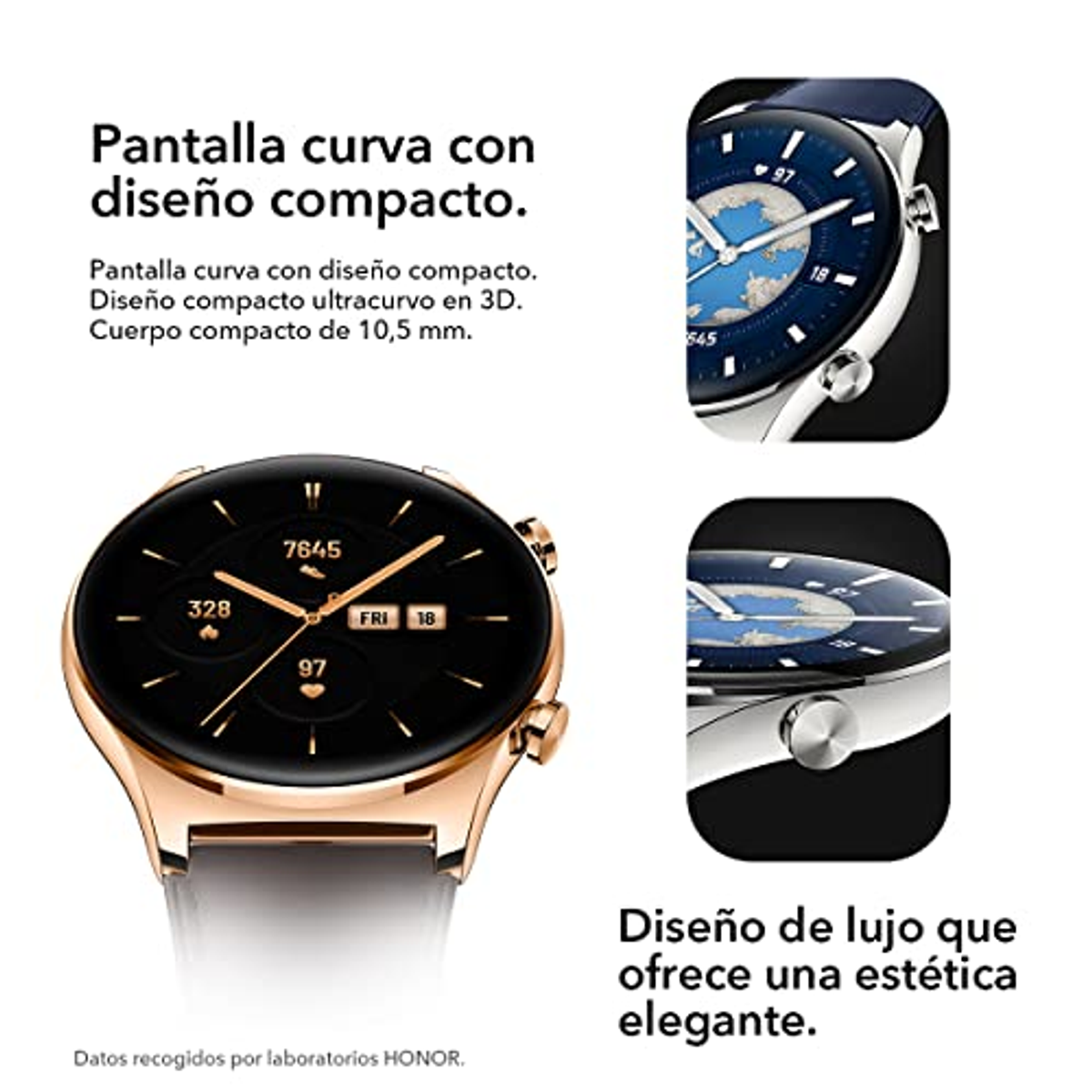 Eine roségoldene Smartwatch mit schwarzem Bildschirm, die Zeit und andere Informationen anzeigt, mit blauem Band.