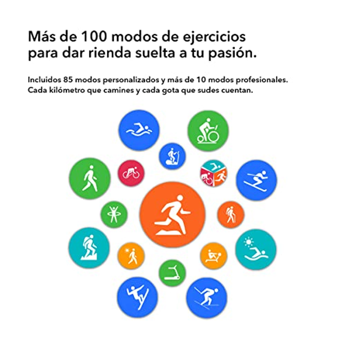 Bild mit bunten Icons verschiedener Sportarten und spanischem Text. Weißer Hintergrund.