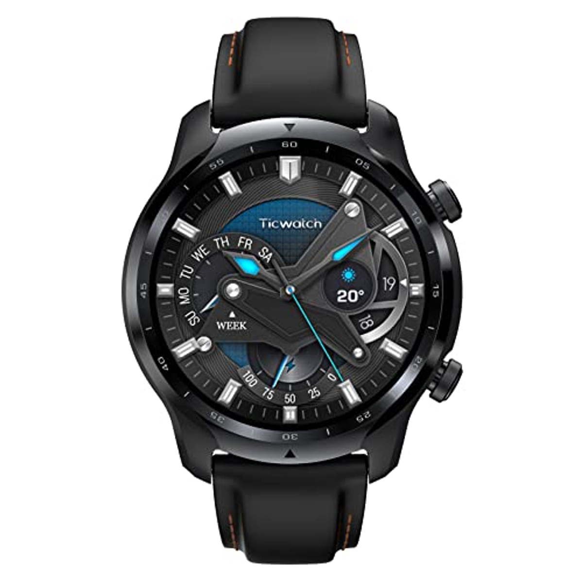 Smartwatch negra con esfera detallada, mostrando hora y varias funcionalidades. Correa negra.