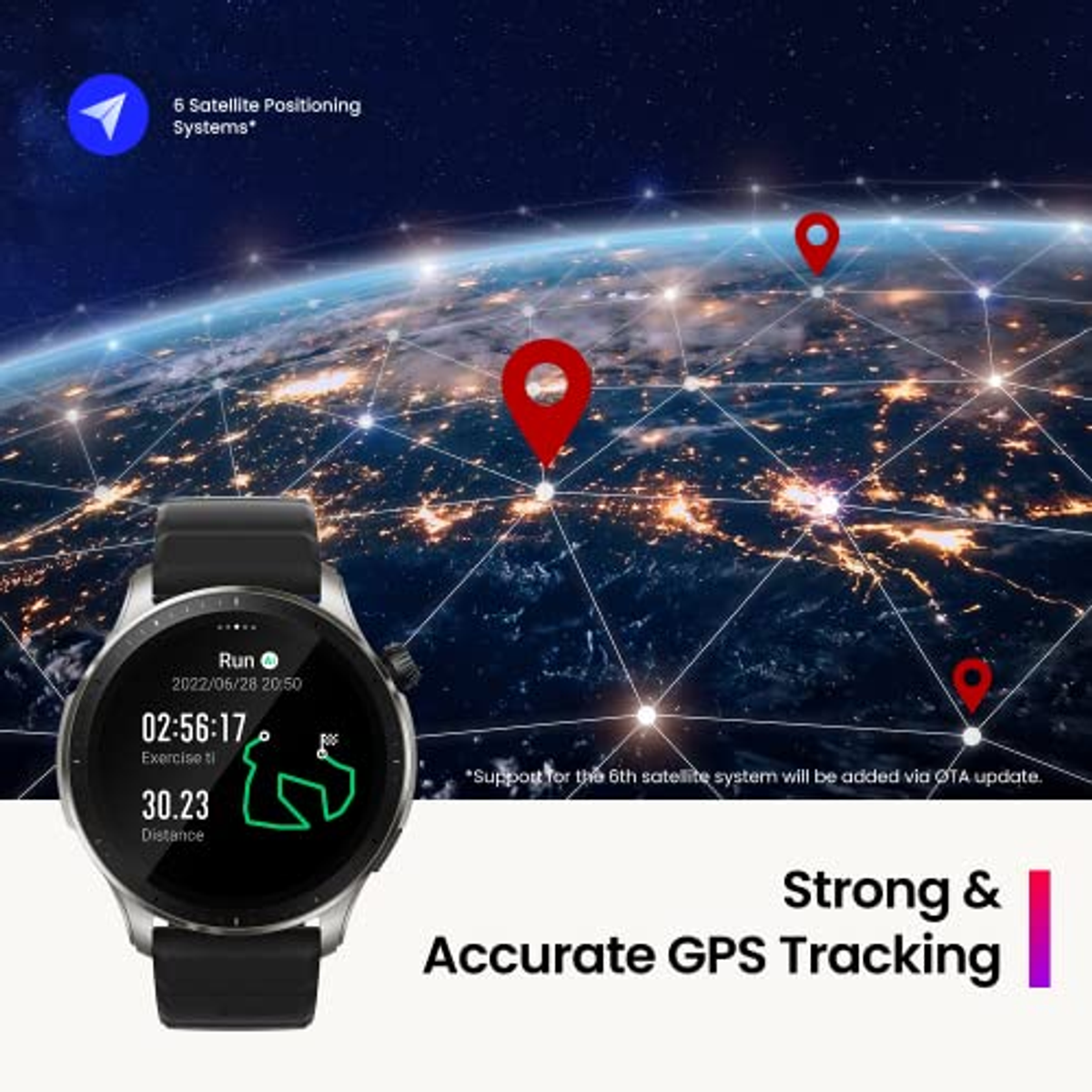 Uno smartwatch su un polso, che mostra una mappa con posizioni di tracciamento GPS.