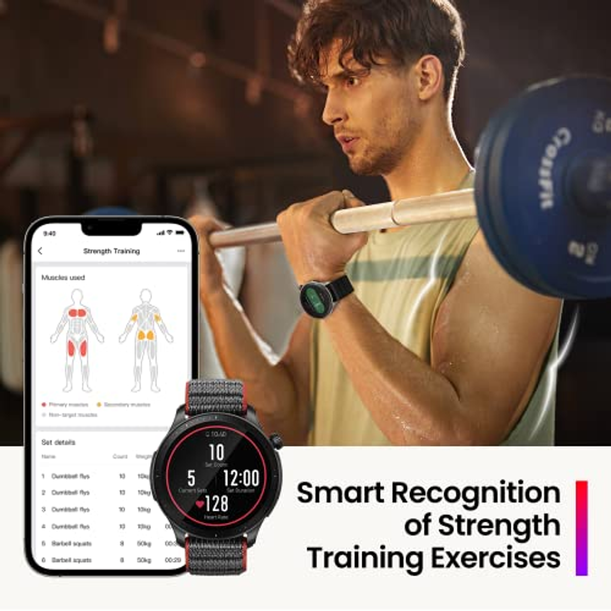 Uomo che solleva un bilanciere con uno smartwatch al polso. Il telefono mostra i dettagli dell'allenamento di forza.