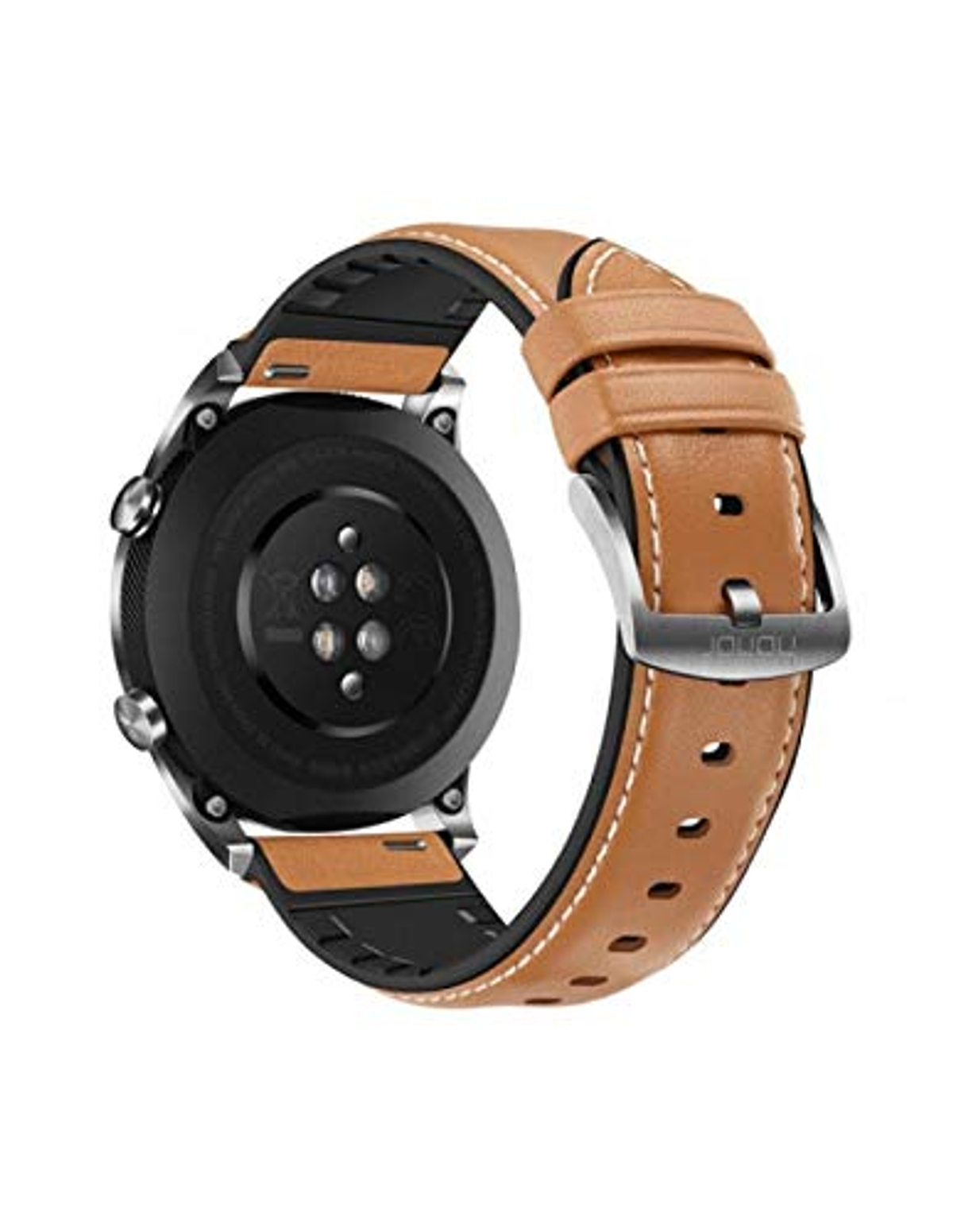 Eine Uhr mit braunem Lederarmband und schwarzem Zifferblatt.