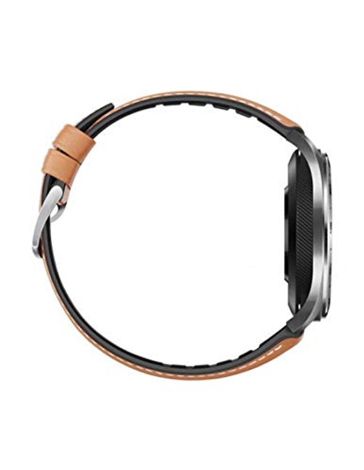 Seitenansicht einer Smartwatch mit schwarzem Zifferblatt, braunem Lederarmband und silberner Schnalle.