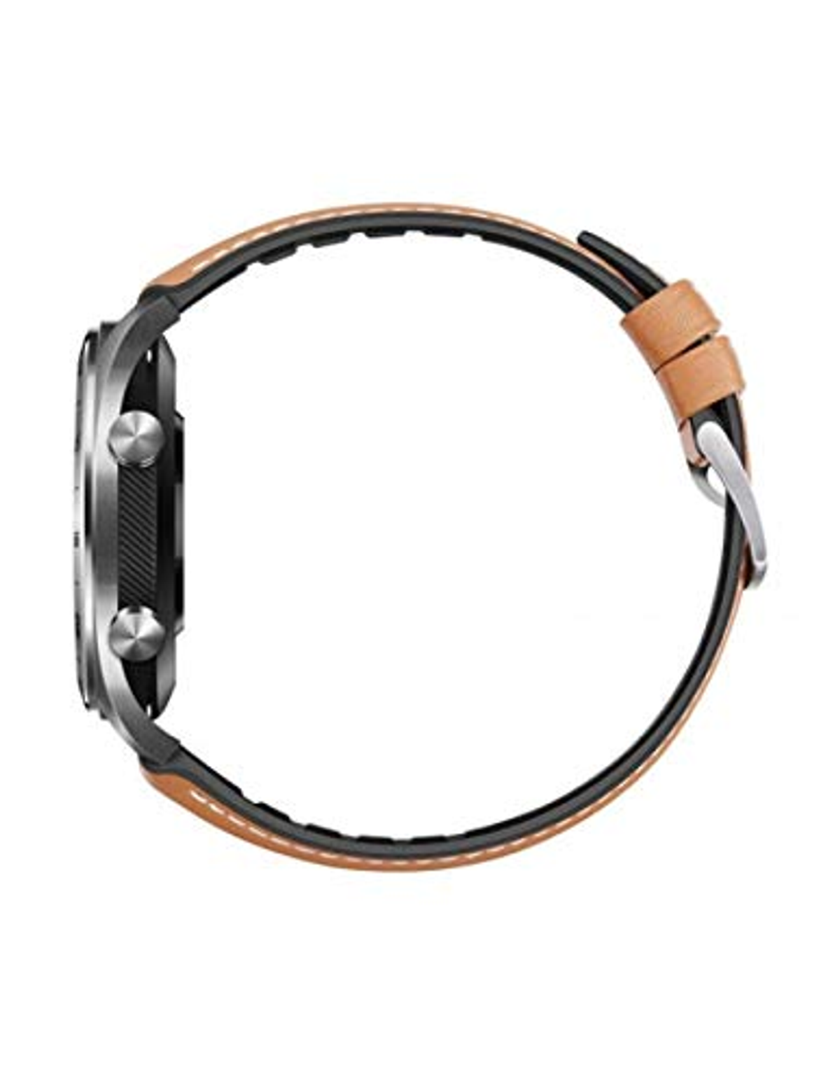 Seitenansicht einer Smartwatch mit braunem Lederarmband, silberner Lünette und schwarzem Gehäuse.