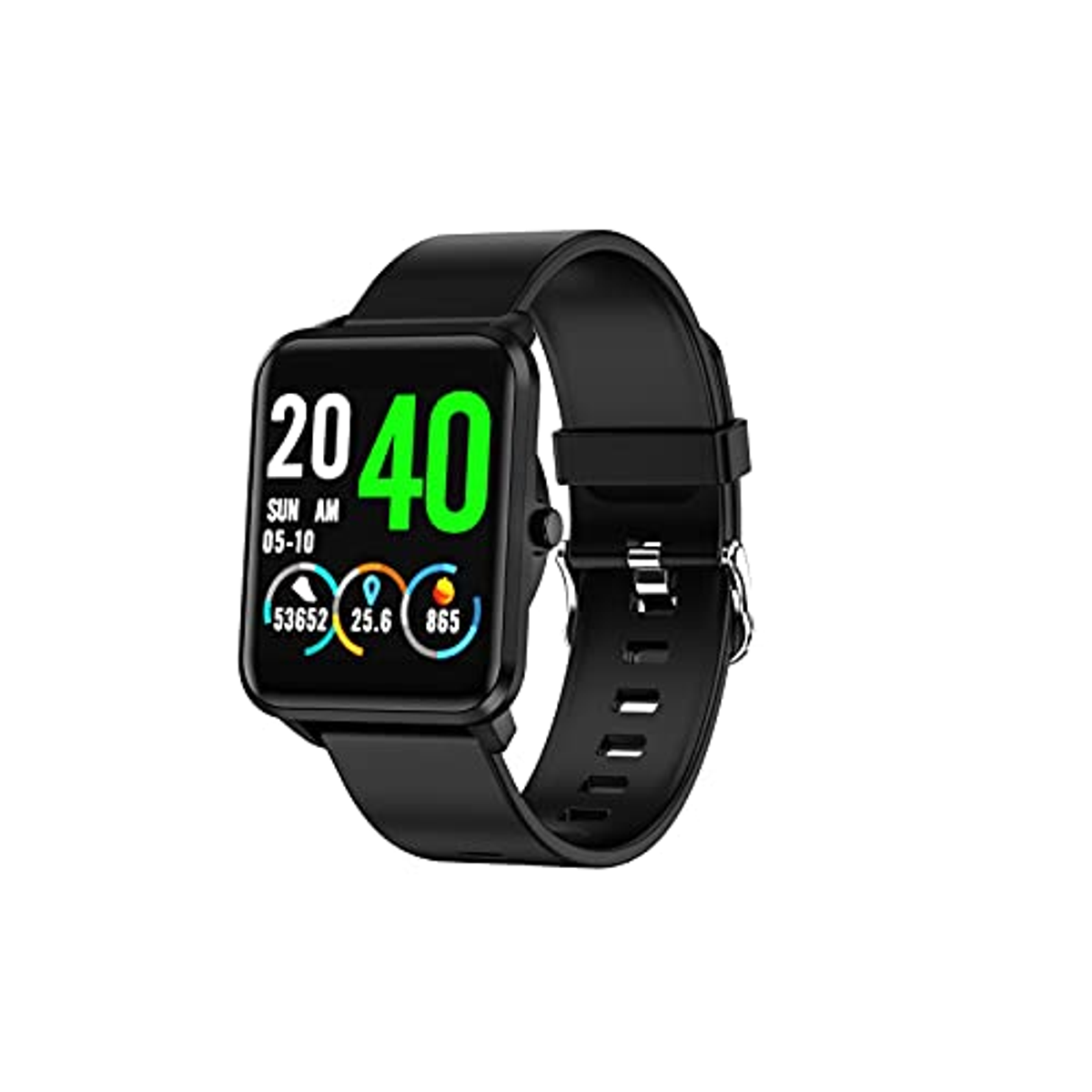 Un smartwatch negro que muestra la hora y métricas de salud. Correa negra, fondo blanco.