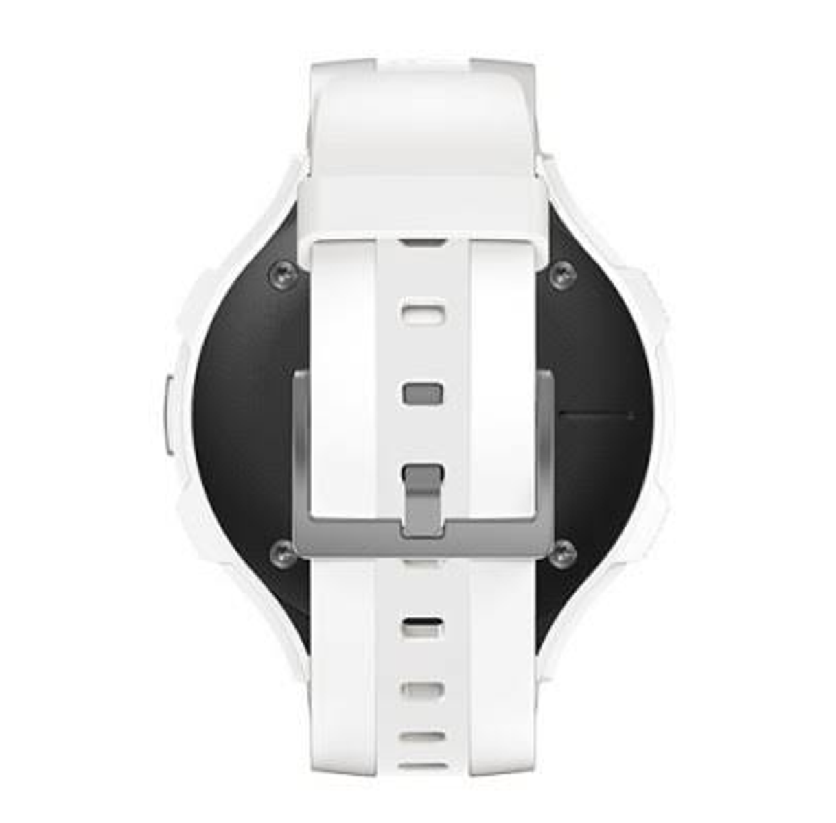 Parte trasera de un smartwatch blanco. La correa es blanca y la parte trasera es negra y metálica.