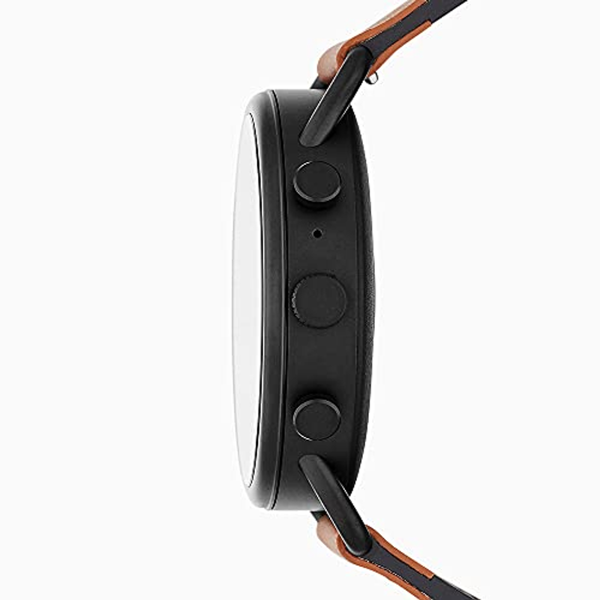 Czarny smartwatch z czarno-brązowym skórzanym paskiem. Białe tło.