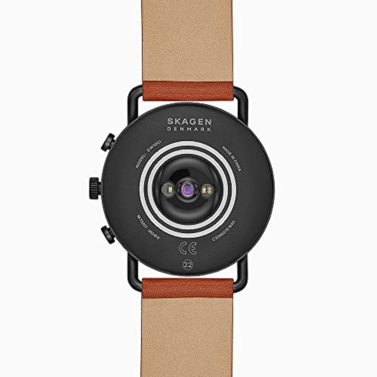 Zbliżenie tyłu czarnego smartwatcha z brązowym skórzanym paskiem.