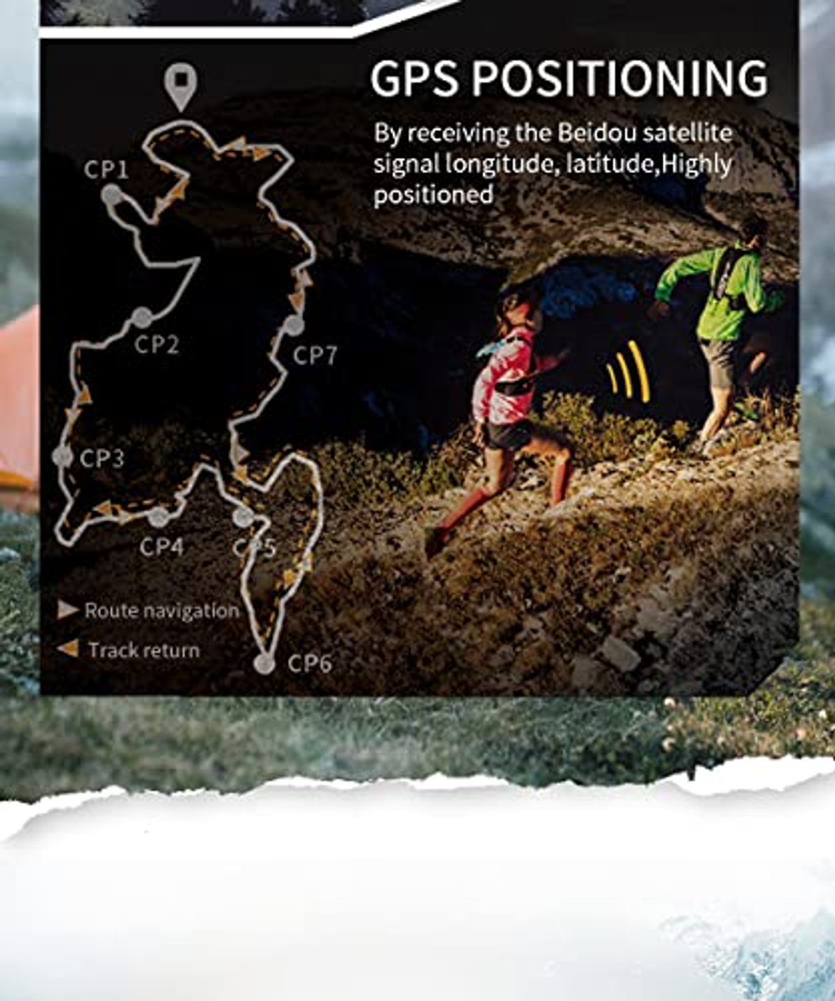 Dwie osoby biegnące w górach. Informacje o pozycjonowaniu GPS ze śledzeniem trasy.