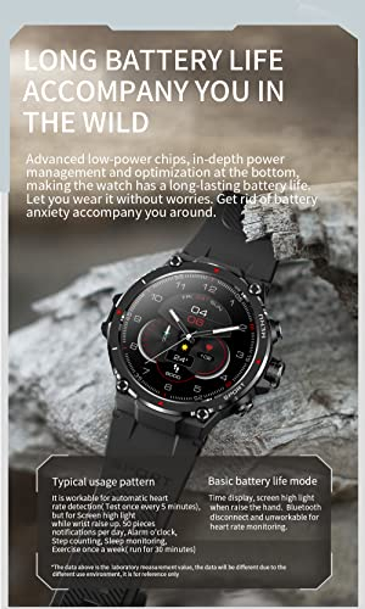 Zegarek z tekstem o żywotności baterii i wzorcach użytkowania. Zegarek jest czarny z okrągłą tarczą.