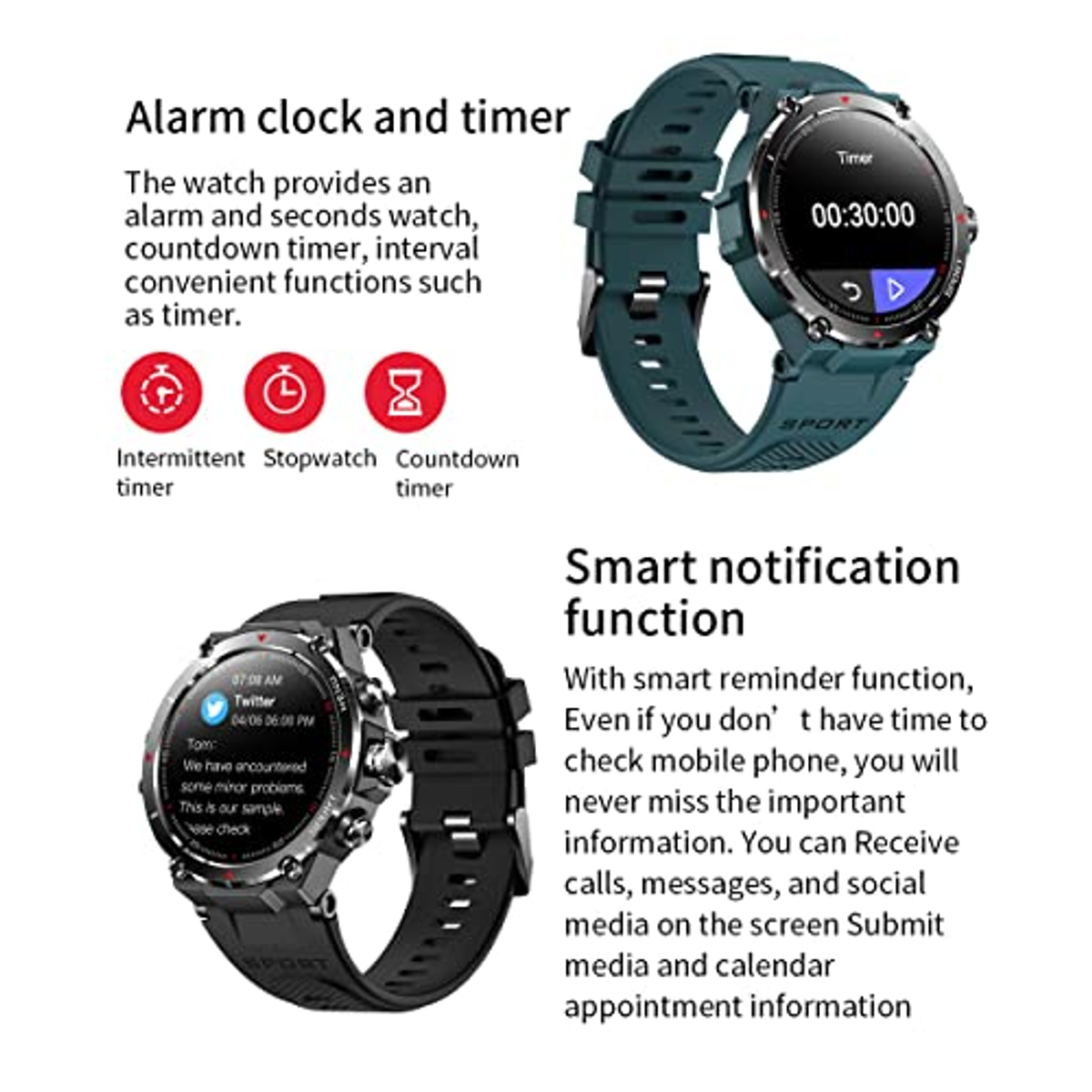 Smartwatch z informacjami o alarmie, timerze i funkcjach powiadomień. Tło jest białe.