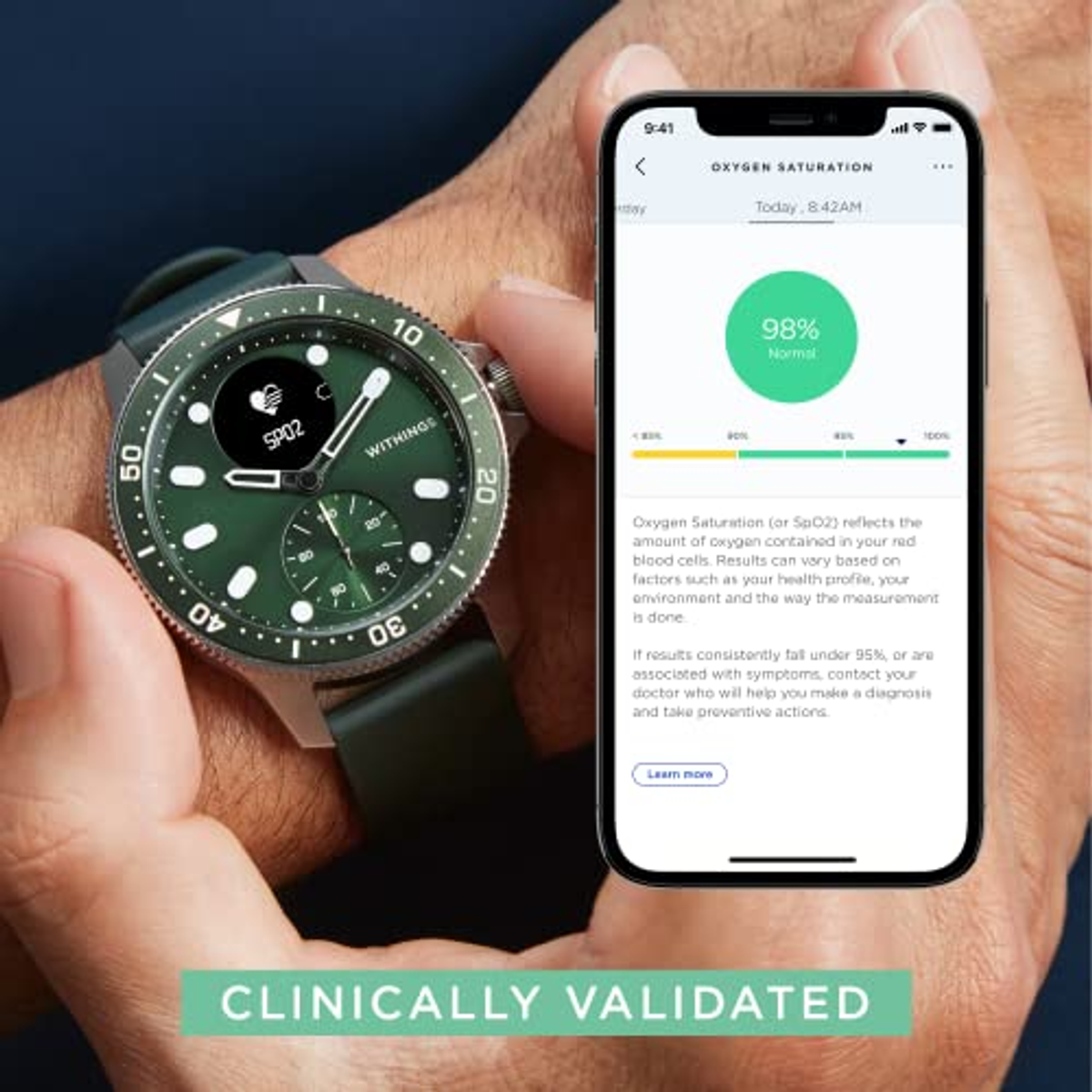 Hand mit Withings-Uhr und Telefon, das Sauerstoffsättigungsdaten anzeigt, neben dem Text „Klinisch validiert“.
