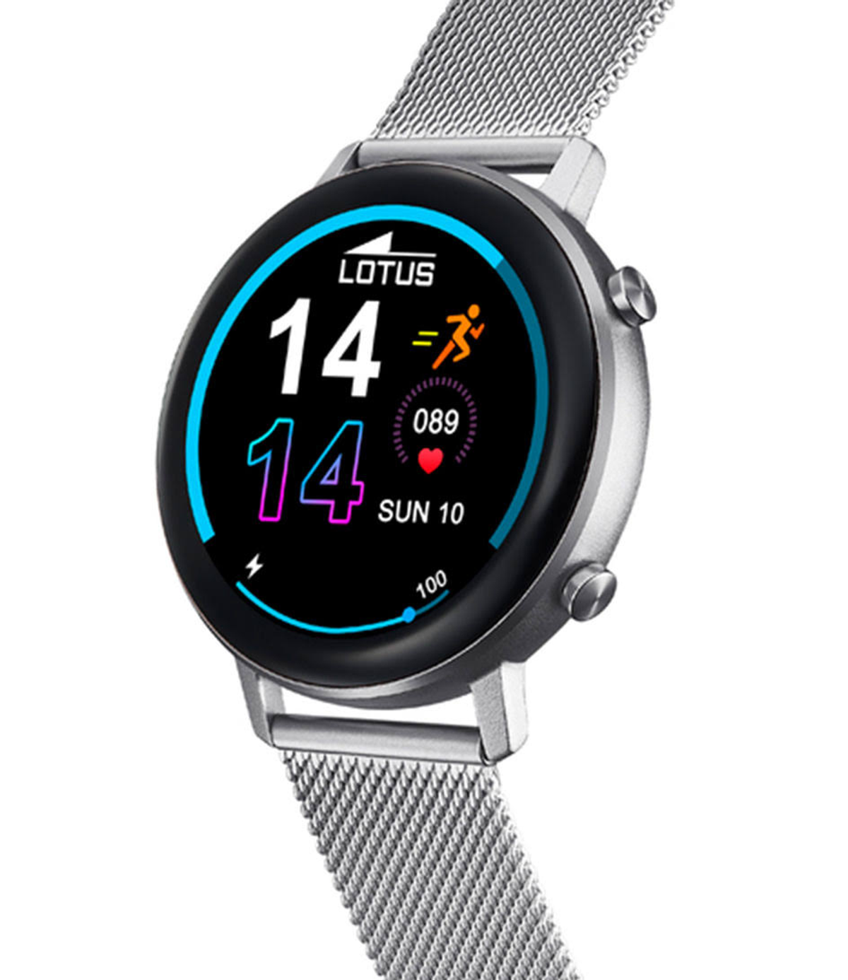 Srebrny smartwatch z czarnym ekranem. Pokazuje godzinę, tętno i dzień tygodnia.