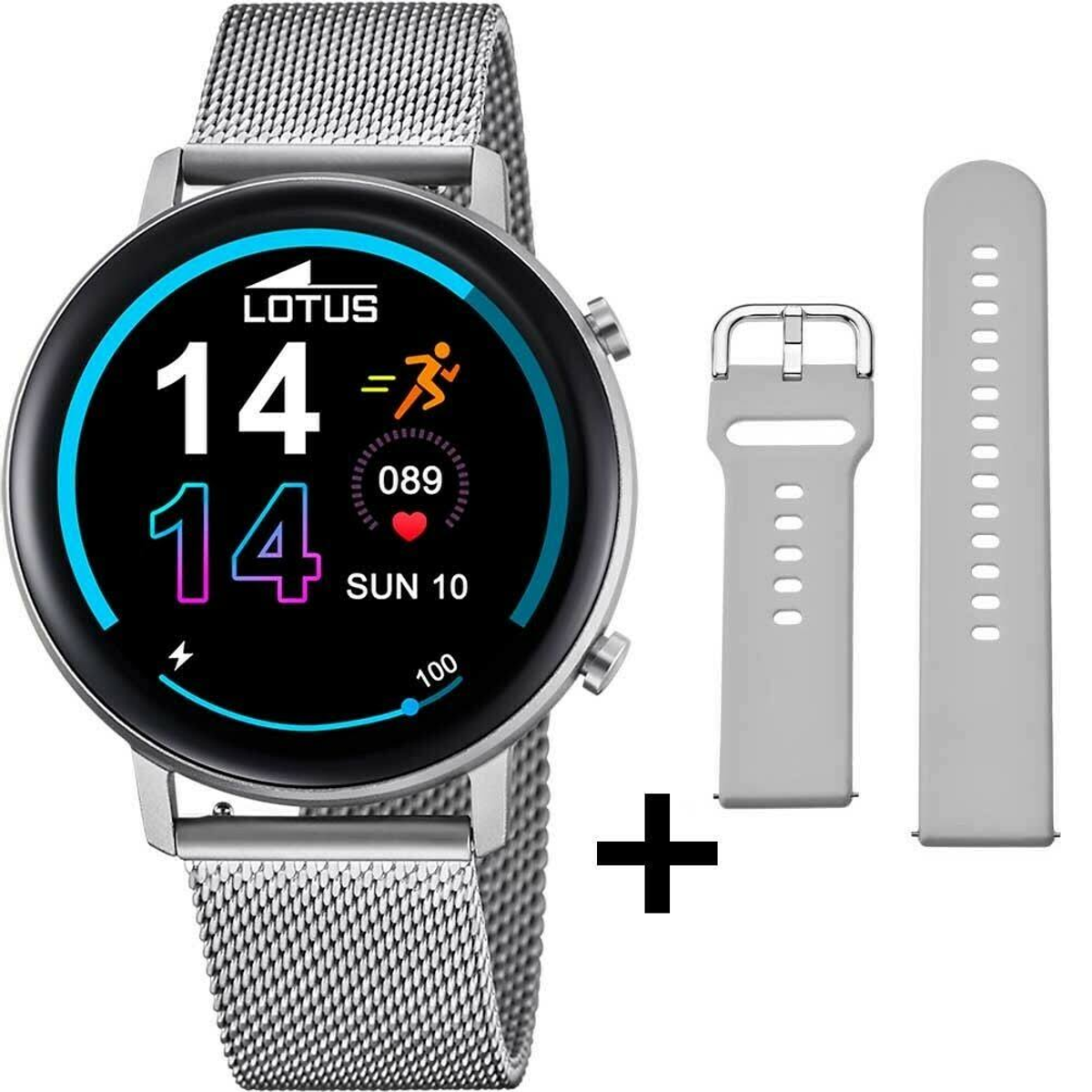 Srebrny smartwatch ze srebrną bransoletą z siatki i oddzielnym szarym paskiem. Wyświetla czas i dane.