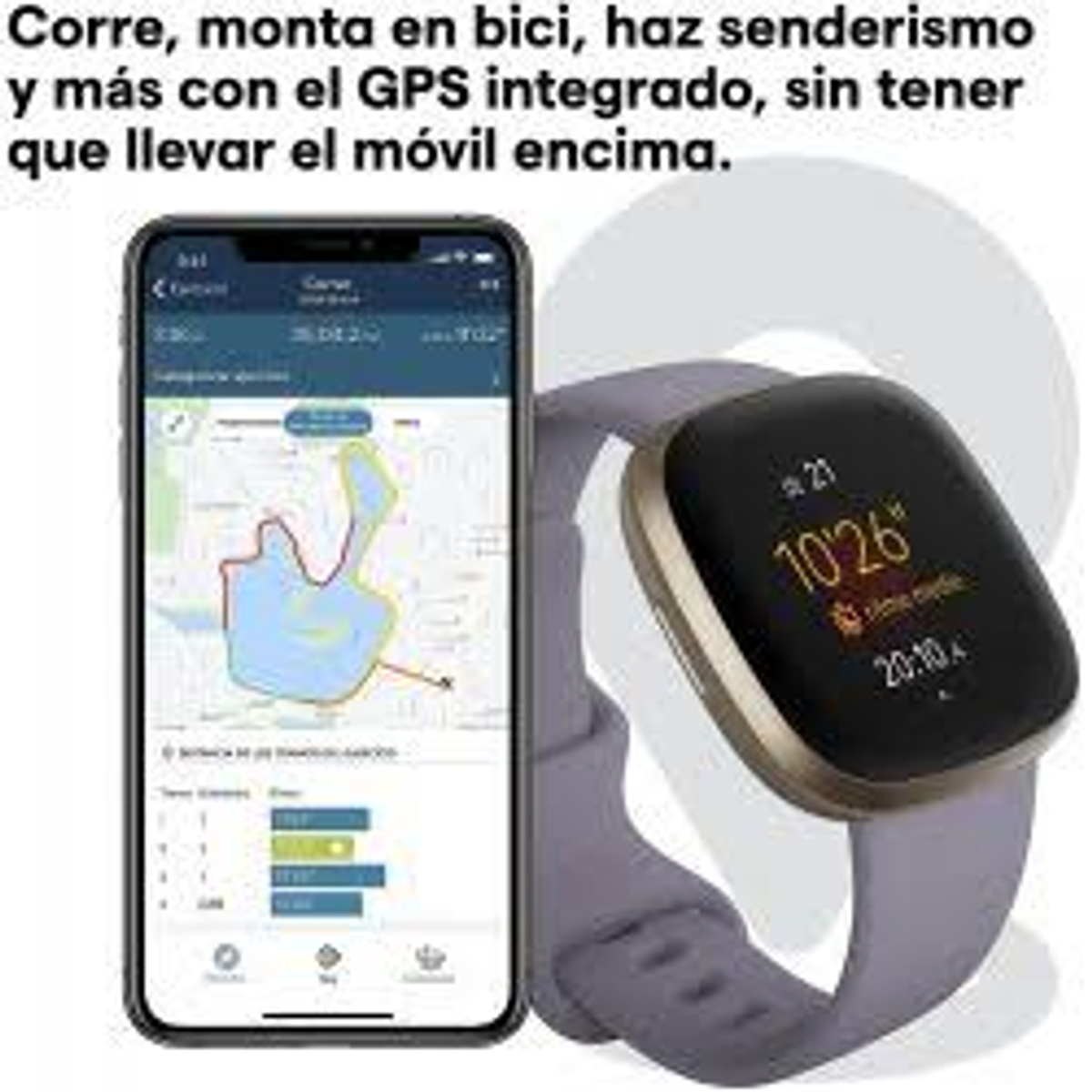 Smartwatch und Telefon mit Karte. Text: Laufen, Radfahren, Wandern und mehr ohne Handy.