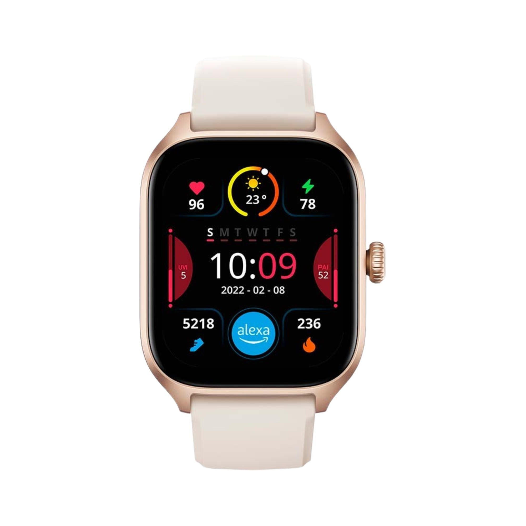 Uno smartwatch con cassa dorata e cinturino bianco. Il quadrante mostra ora, data e statistiche sulla salute.