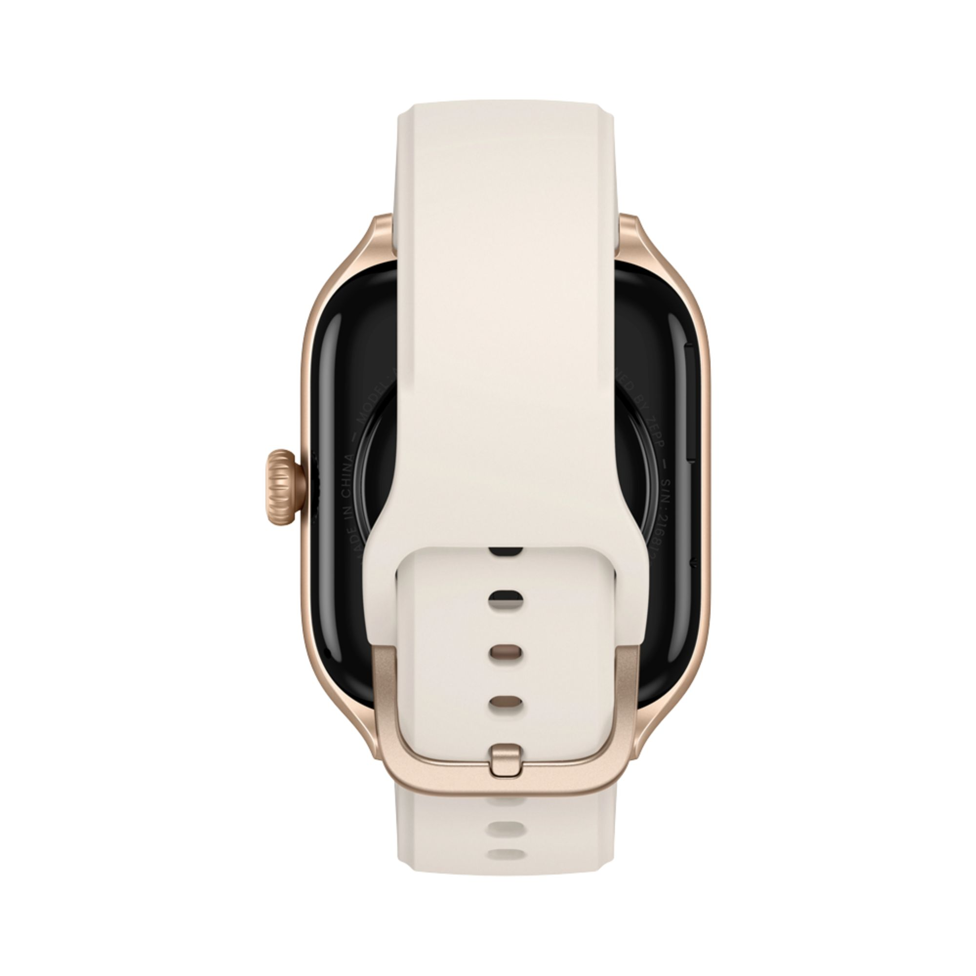 Uno smartwatch con cinturino color crema e cassa color oro, visto da dietro.