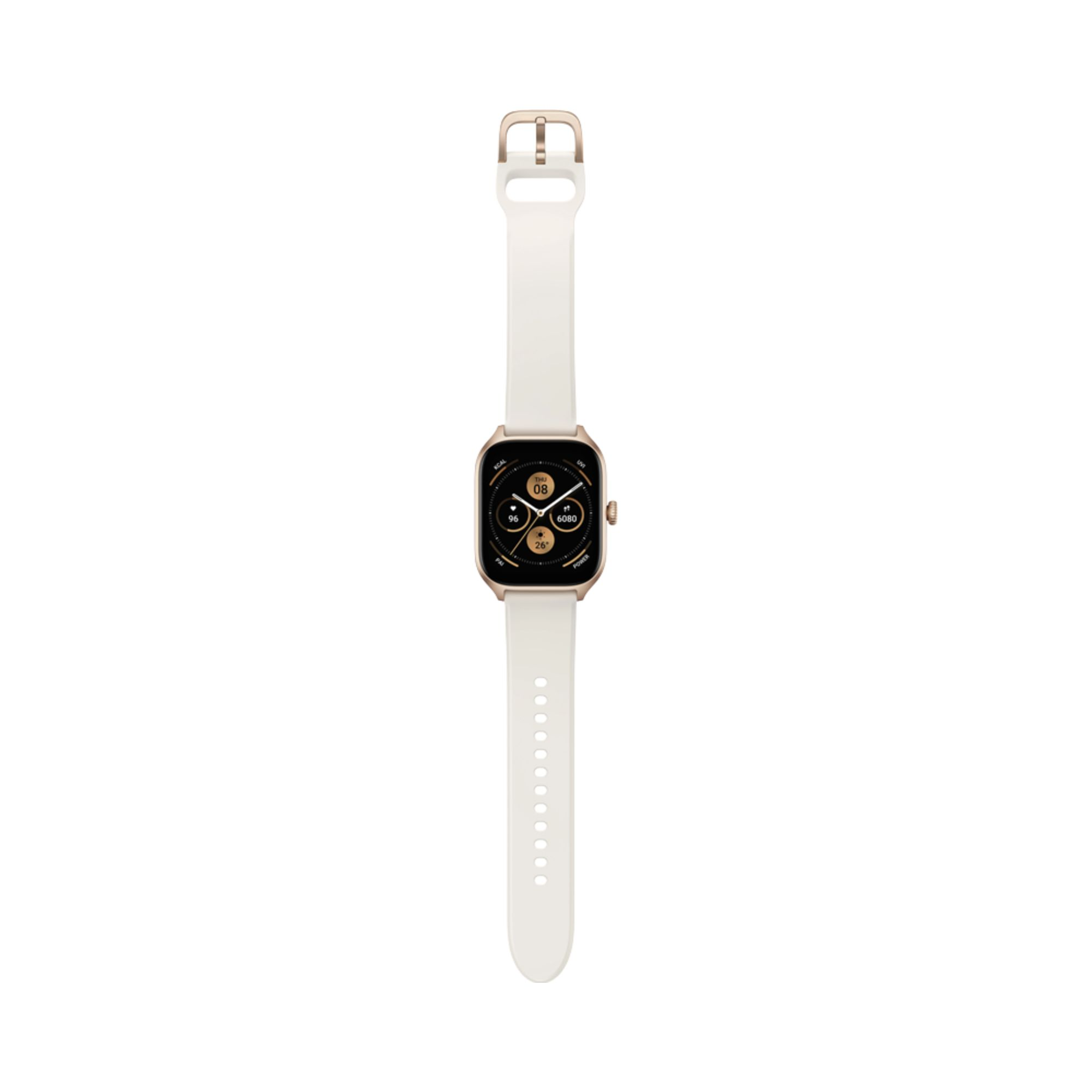 Smartwatch bianco con cornice dorata e cinturino bianco. Visualizza ora e dati.