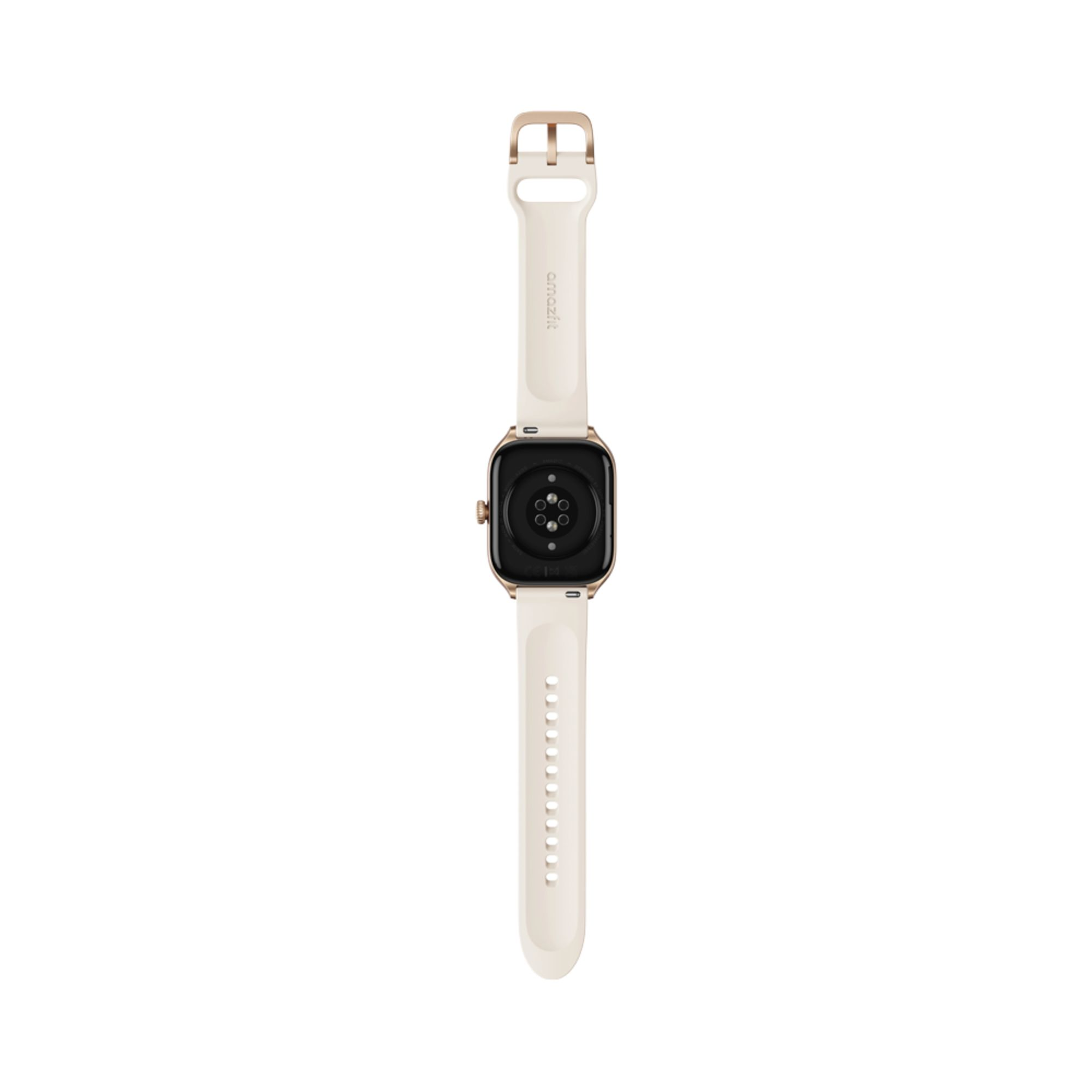 Uno smartwatch, vista posteriore, con cinturino color crema. Il quadrante mostra sensori e contatti di ricarica.