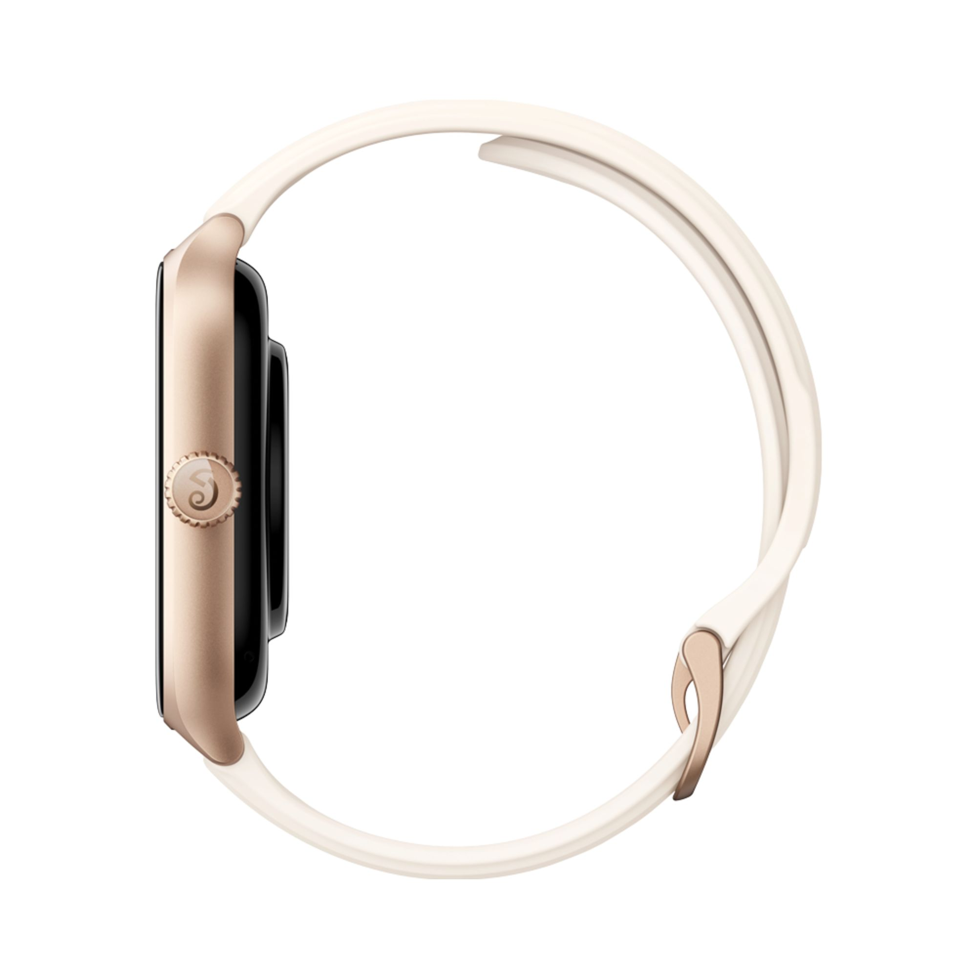 Smartwatch oro con cinturino bianco. Il lato dell'orologio è visibile. Sfondo bianco.