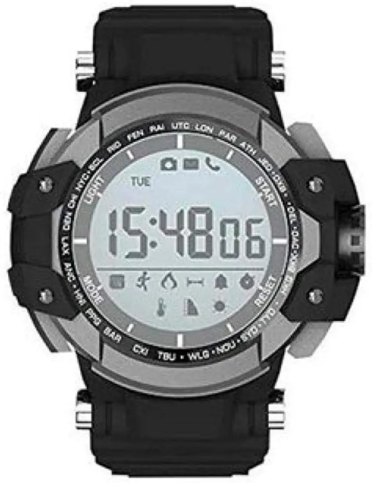 Smartwatch nero e grigio con display digitale. Mostra l'ora e varie icone di monitoraggio dell'attività.