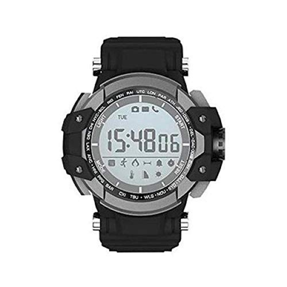 Orologio digitale nero con lunetta argentata. Lo schermo mostra l'ora e altri dati.