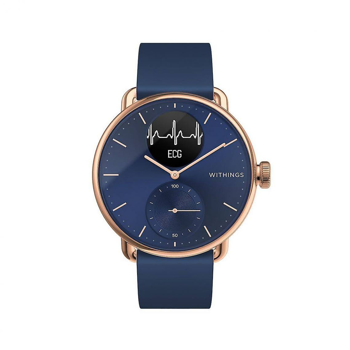 Eine blaue und roségoldene Smartwatch mit EKG-Anzeige. Das Armband ist blau, der Hintergrund weiß.