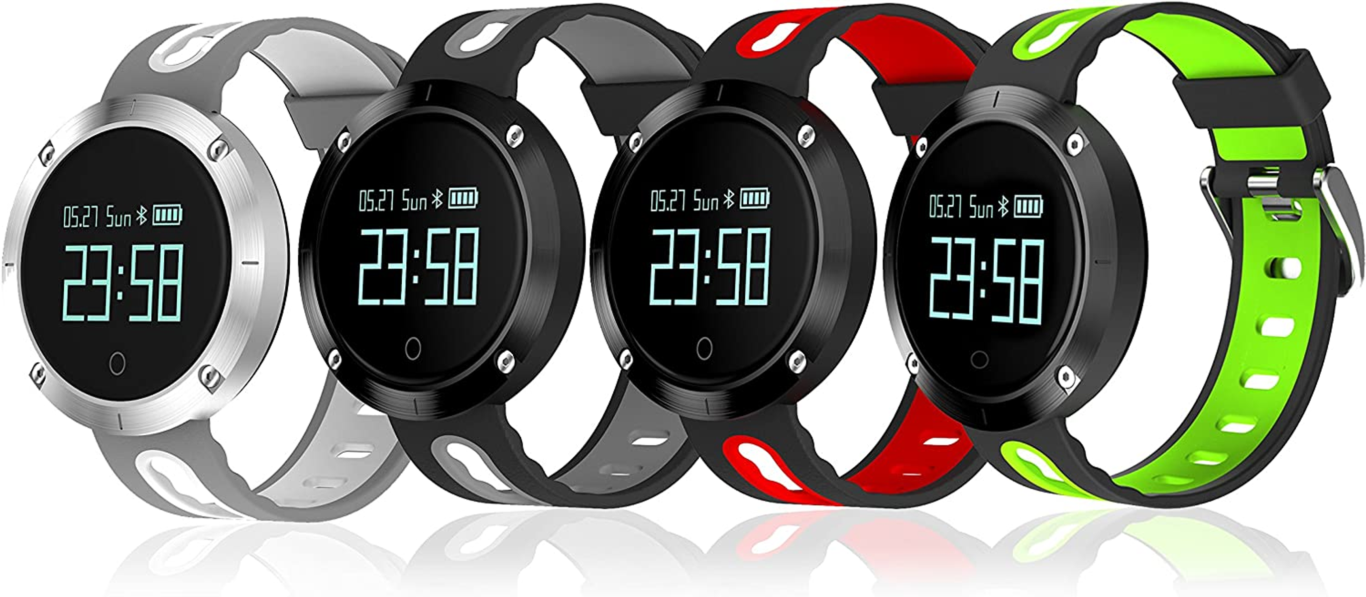 Quattro smartwatch con cinturini di diversi colori: grigio, nero, rosso e verde.
